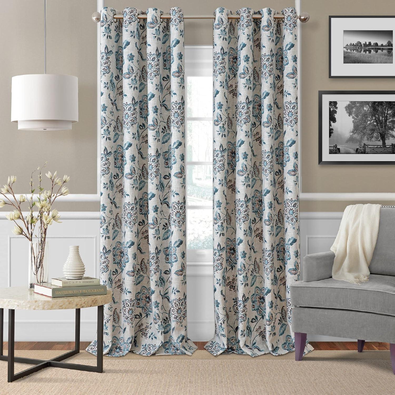 Blue Taupe Floral Blackout Grommet Curtain Panel 52" x 95"