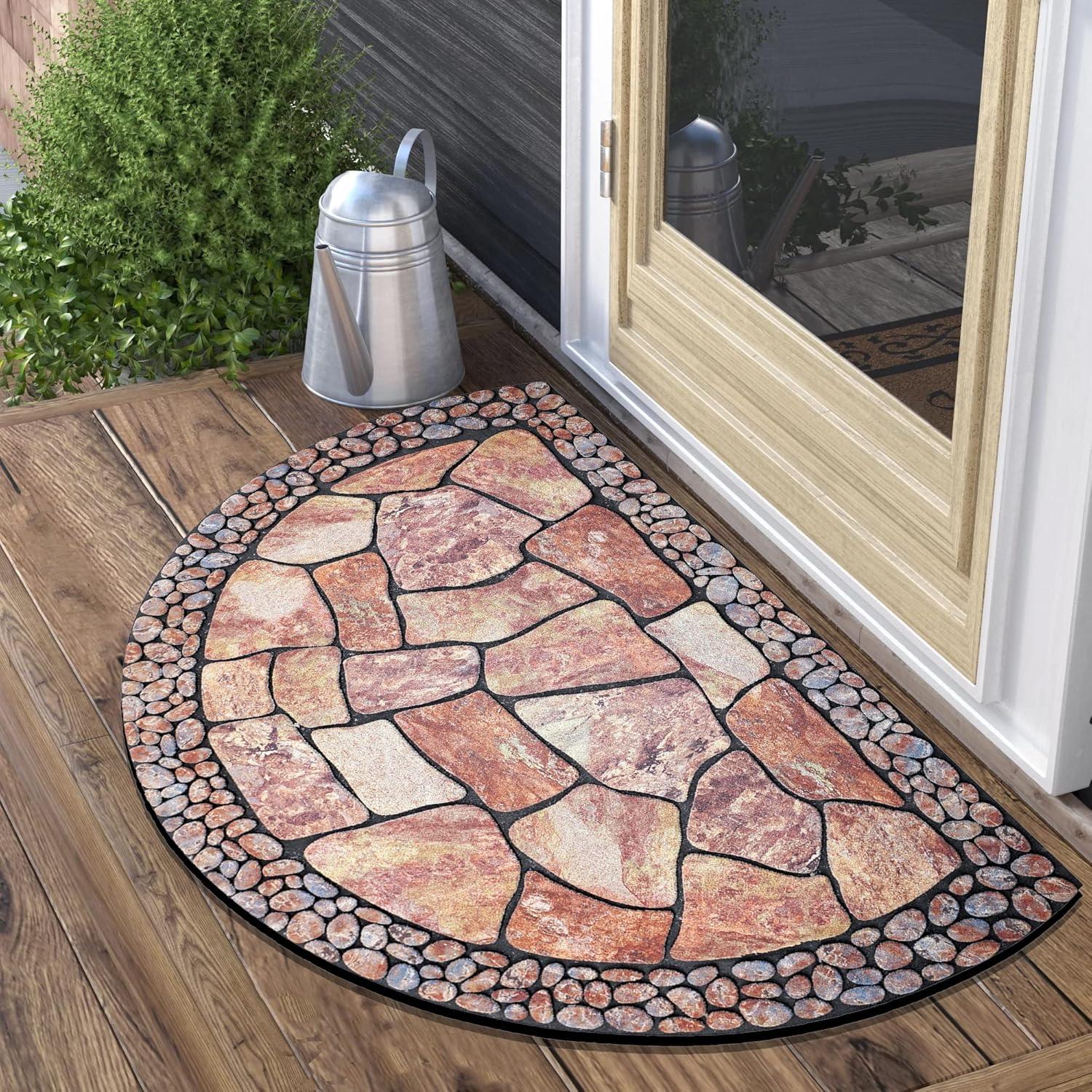 MANO Front Door Mat Outdoor Entrance, Heavy Duty Doormat Half Circle Rug for Outside Entry, Welcome Mat for Indoor Half Round Door Mats with Non Slip Rubber (21" x 33", Cobble)