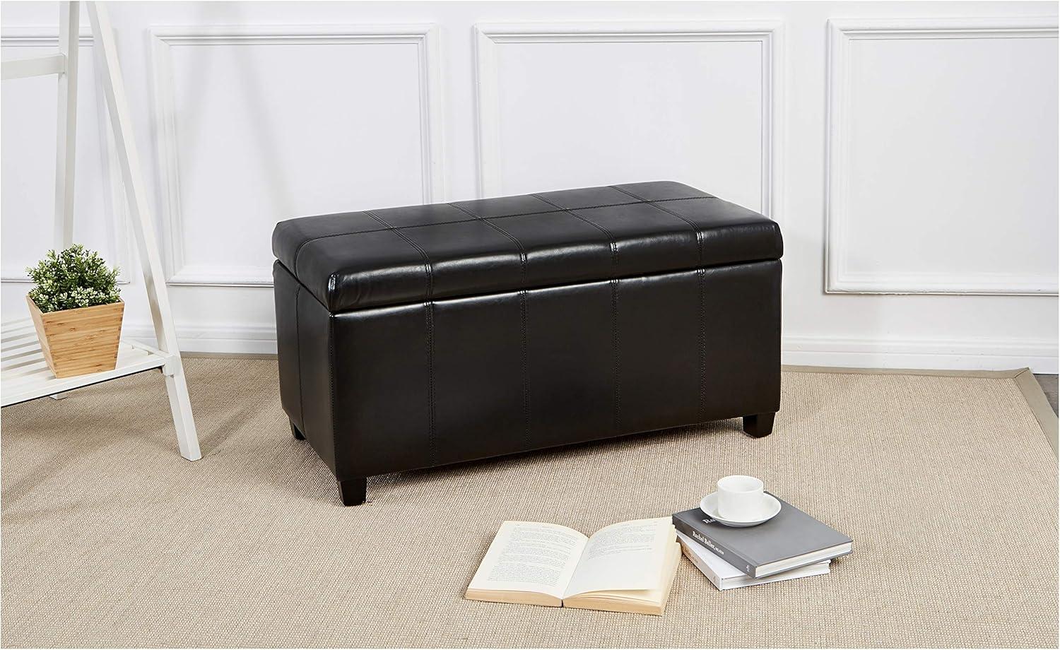 Midnight Black Faux-Leather Rectangular Storage Ottoman Bench