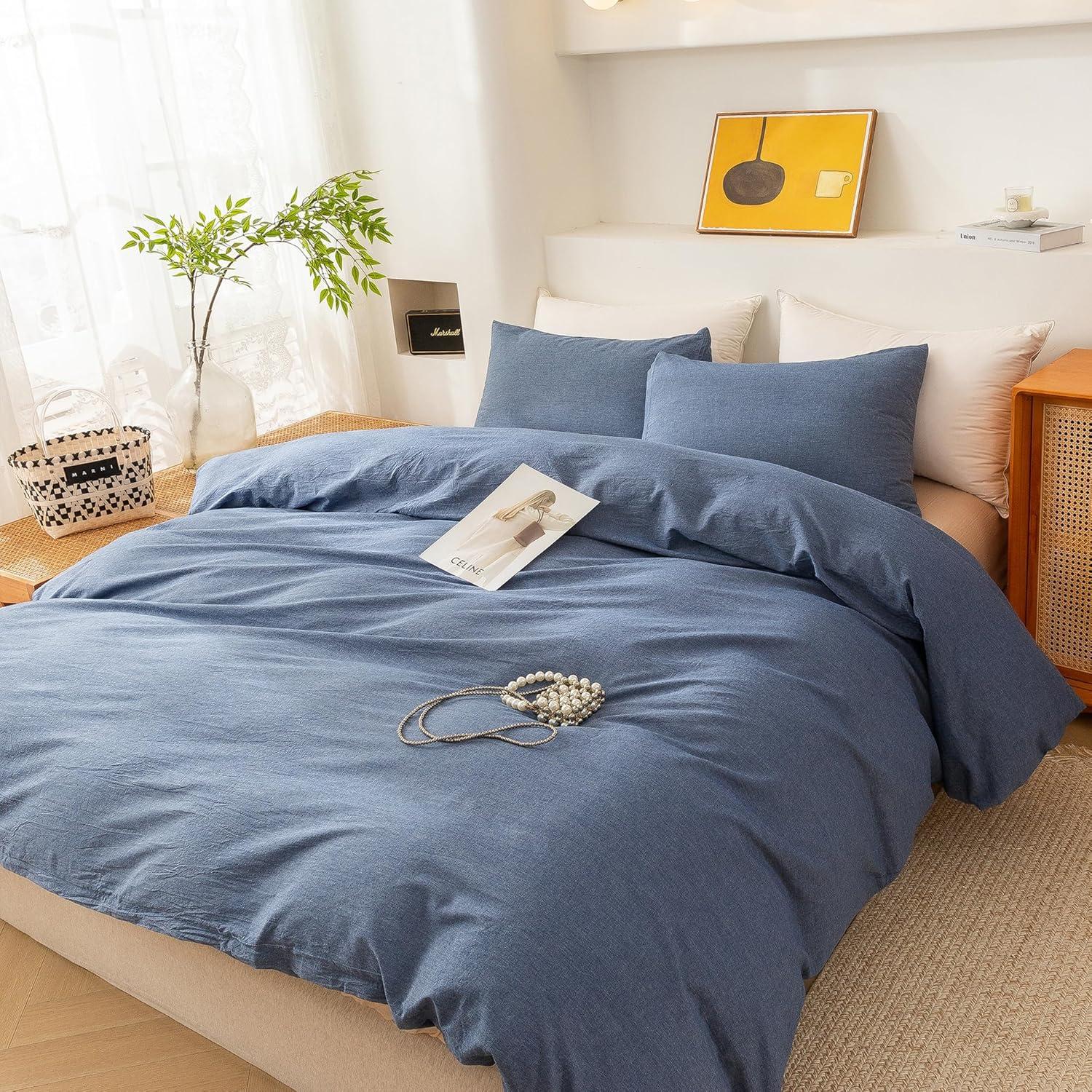 ECOCOTT Denim Blue Duvet Cover King Size, 100% Washed Cotton 1 Duvet Cover with Zipper and 2 Pillowcases, Ultra Soft and Easy Care Breathable Cozy Bedding Set (Denim Blue, King)