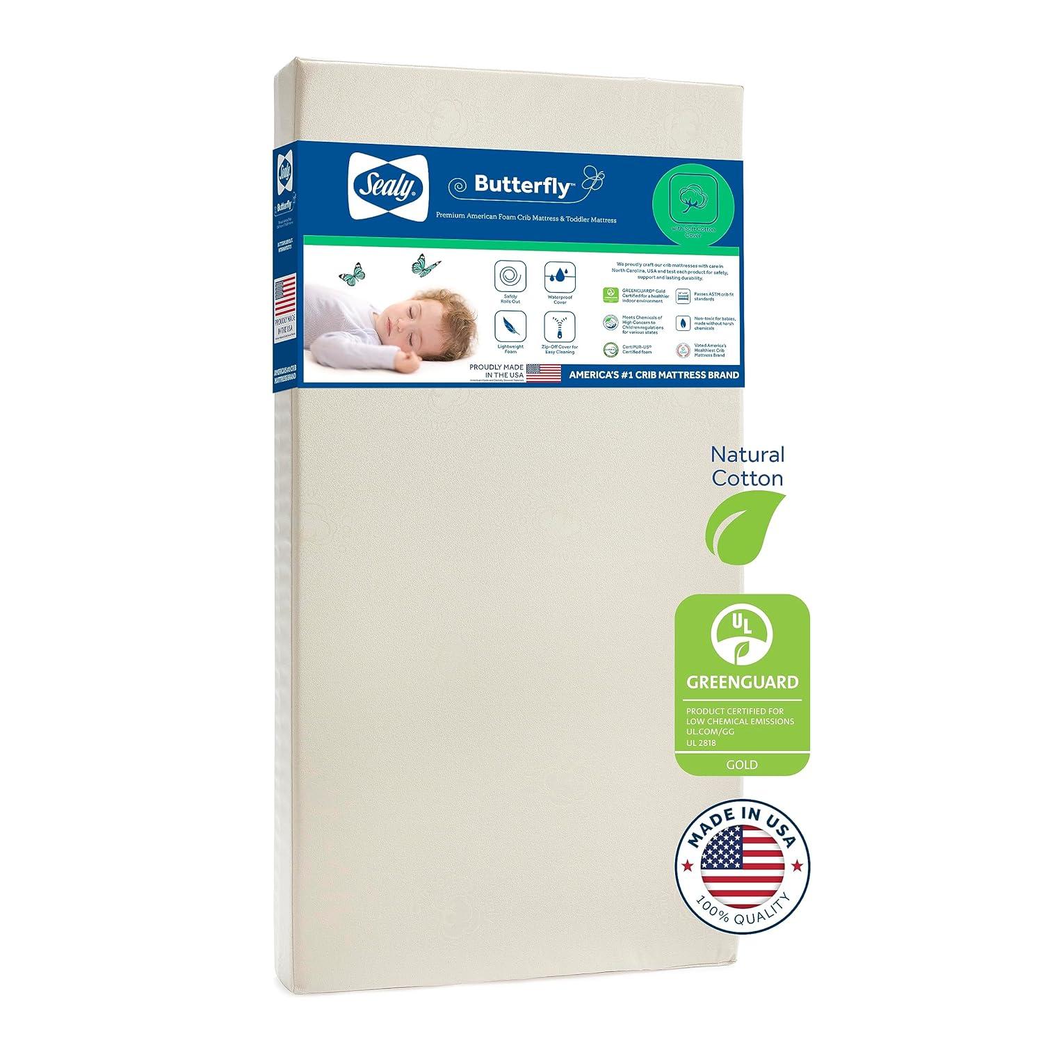 Sealy Butterfly Natural Cotton Waterproof Crib and Toddler Mattress