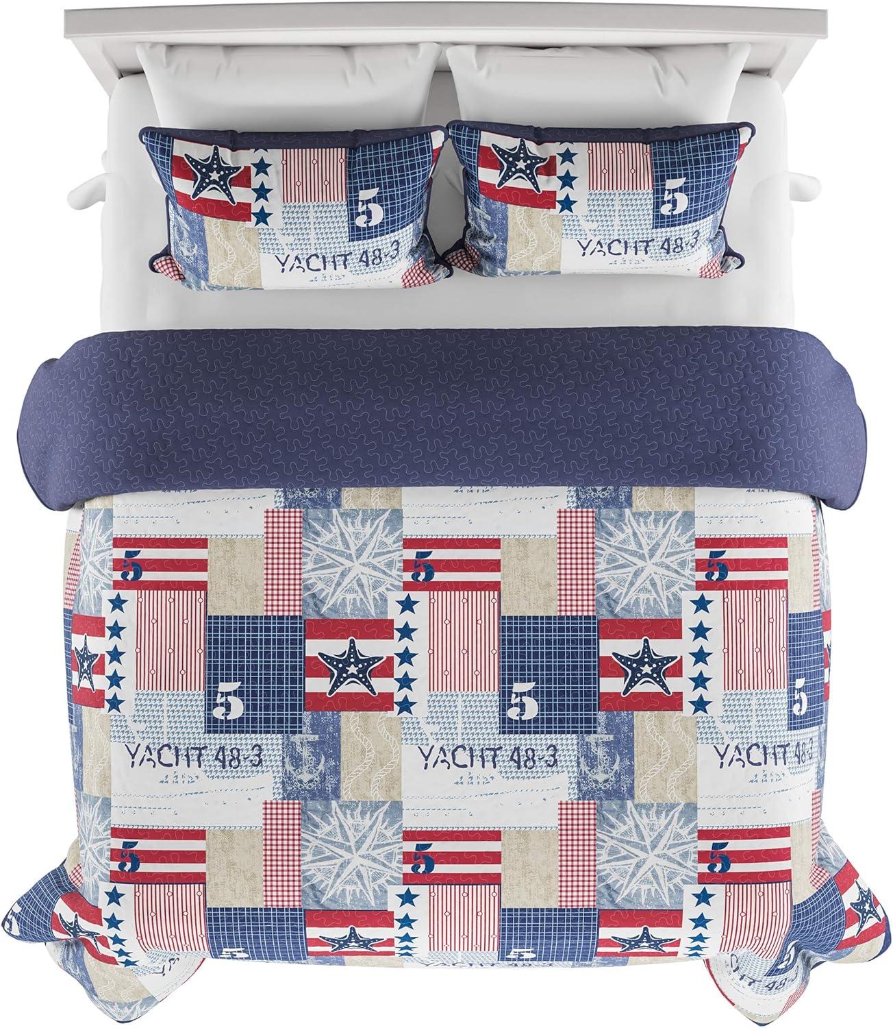 Quilt Set - Nautical Americana Patchwork Print All-Season Soft Microfiber Bedding with Pillow Sham