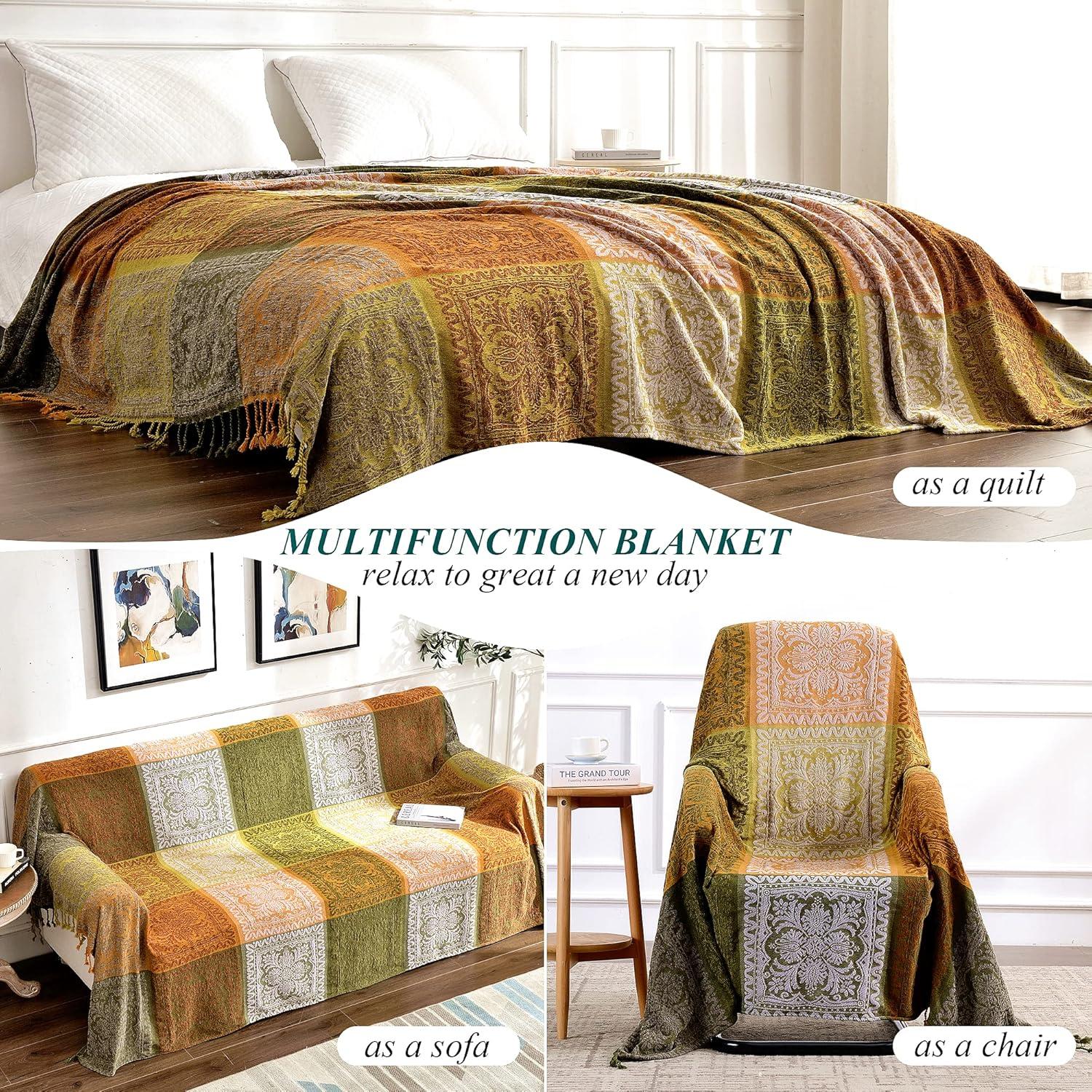 Manta Bohemia, Borlas Bohemias para Cama, Sofá, Silla Suave, Borlas con Flecos de Chenilla (Verde, Grande 86 X 102 Pulgadas)