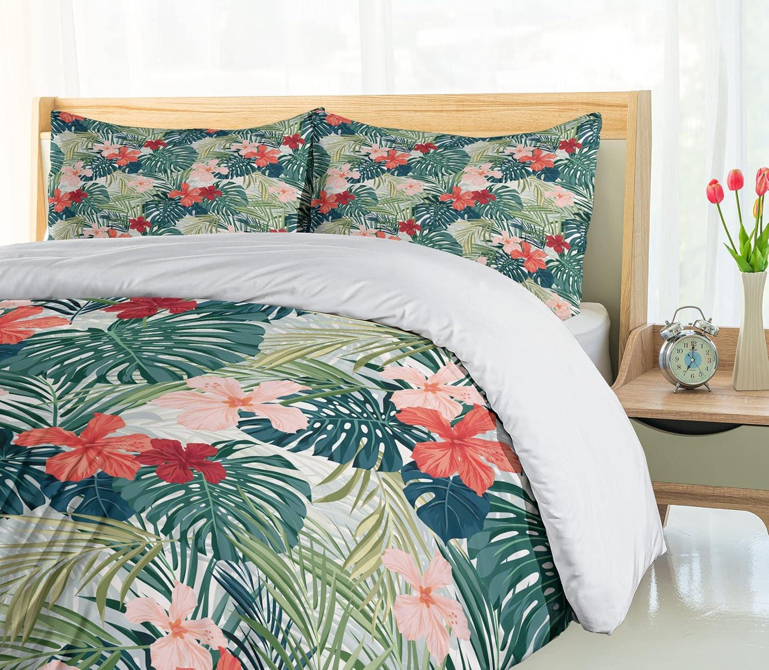 Leaf Duvet Cover Set Twin Size, Summer Beach Holiday Themed Hibiscus Plumeria Crepe Ginger Flowers, Decorative 2 Piece Bedding Set with 1 Pillow Sham, Pink Red Green and Dark Green, by Ambesonne