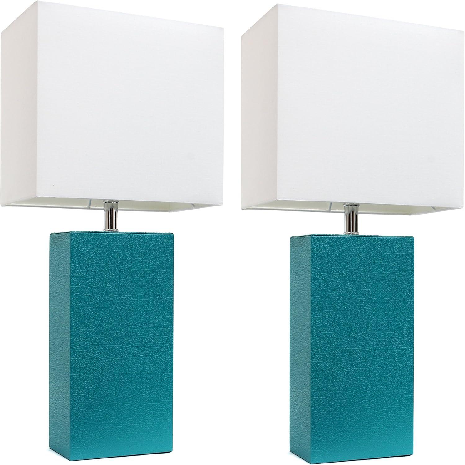 Set of 2 Teal Leather Table Lamps with White Fabric Shades