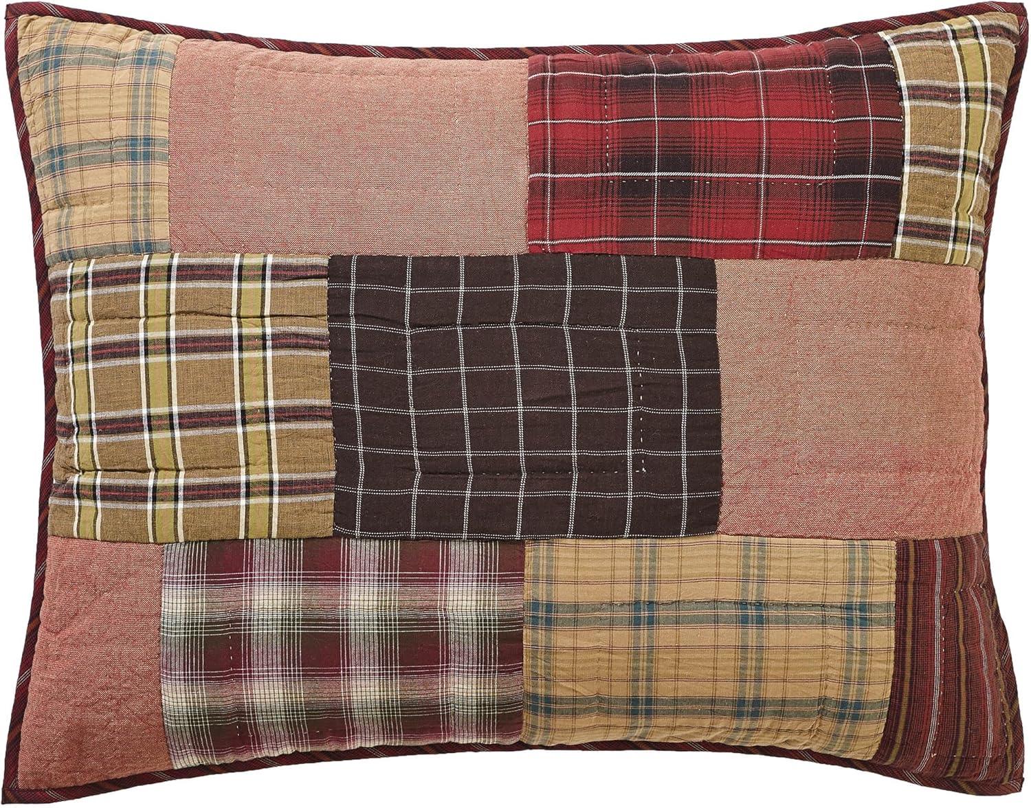 VHC Brands Wyatt Plaid Cotton Rustic Pre-Washed Square Quilt Sham Queen Bedding Accessory, Set, Patchwork Tan