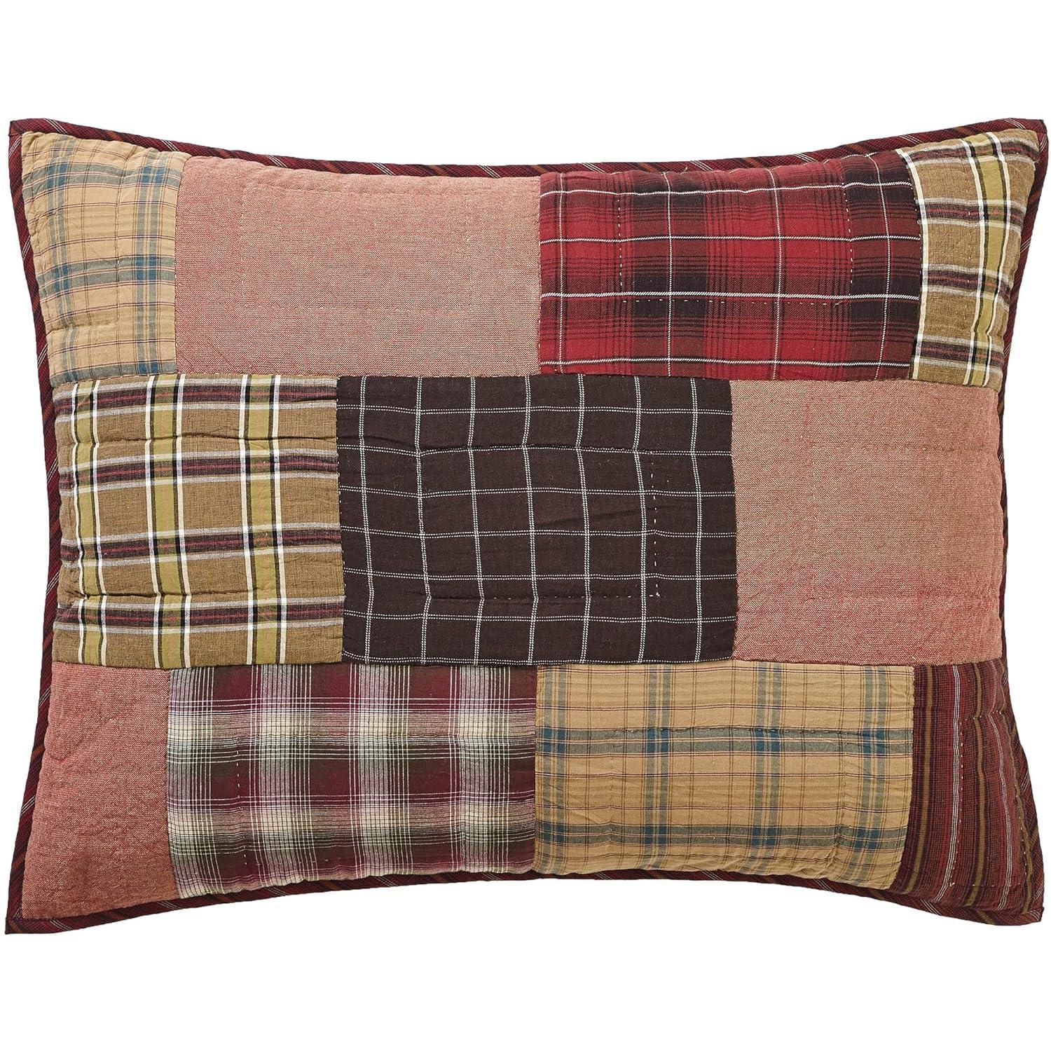 VHC Brands Wyatt Plaid Cotton Rustic Pre-Washed Square Quilt Sham Queen Bedding Accessory, Set, Patchwork Tan