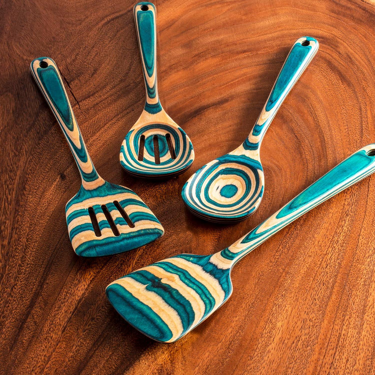 Baltique 4pc Mykonos Utensil Set: Wood Kitchen Tools, Hand Wash, Adult Cooking Utensils, Turquoise Blue