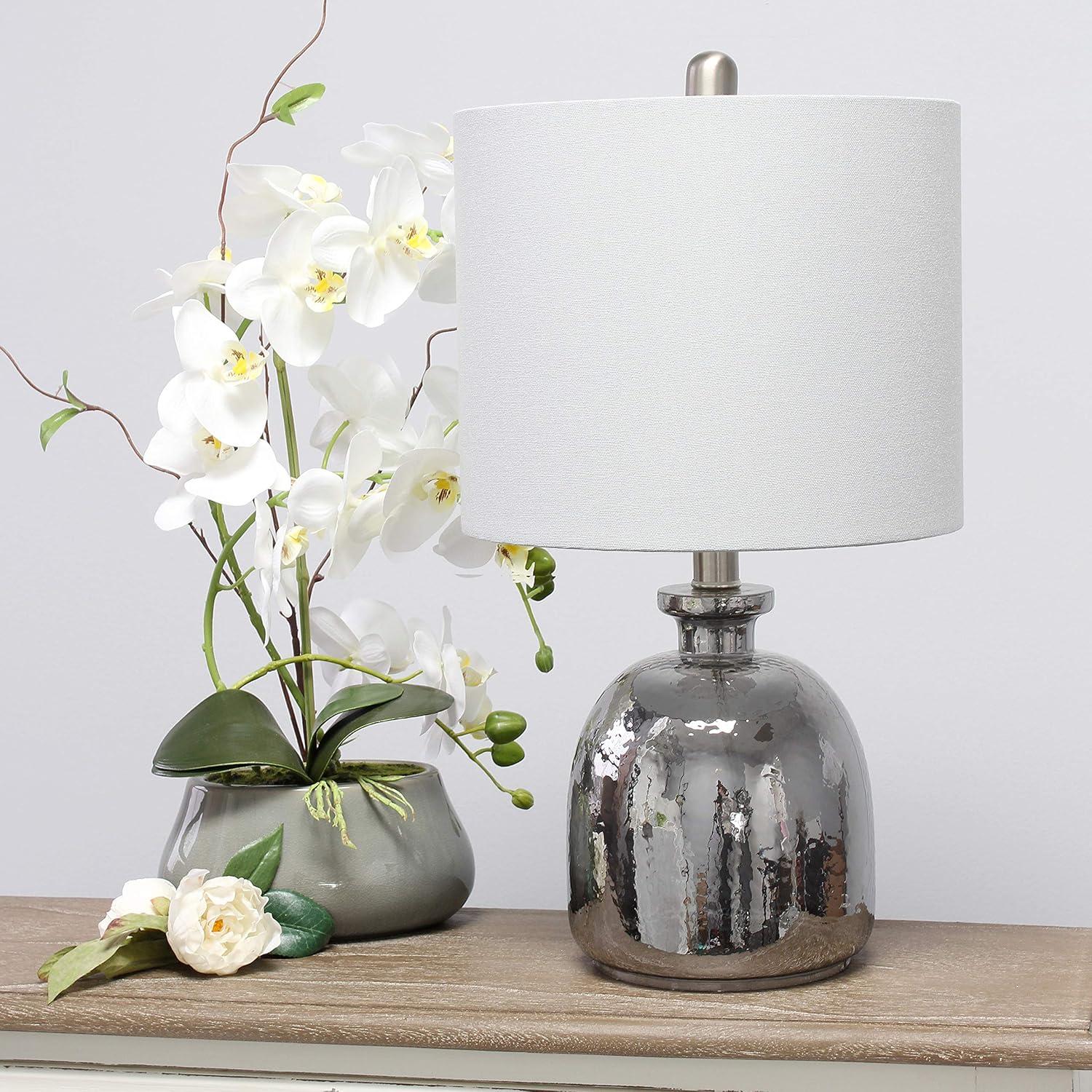 Silvery Glass Table Lamp with Light Gray Cotton Drum Shade