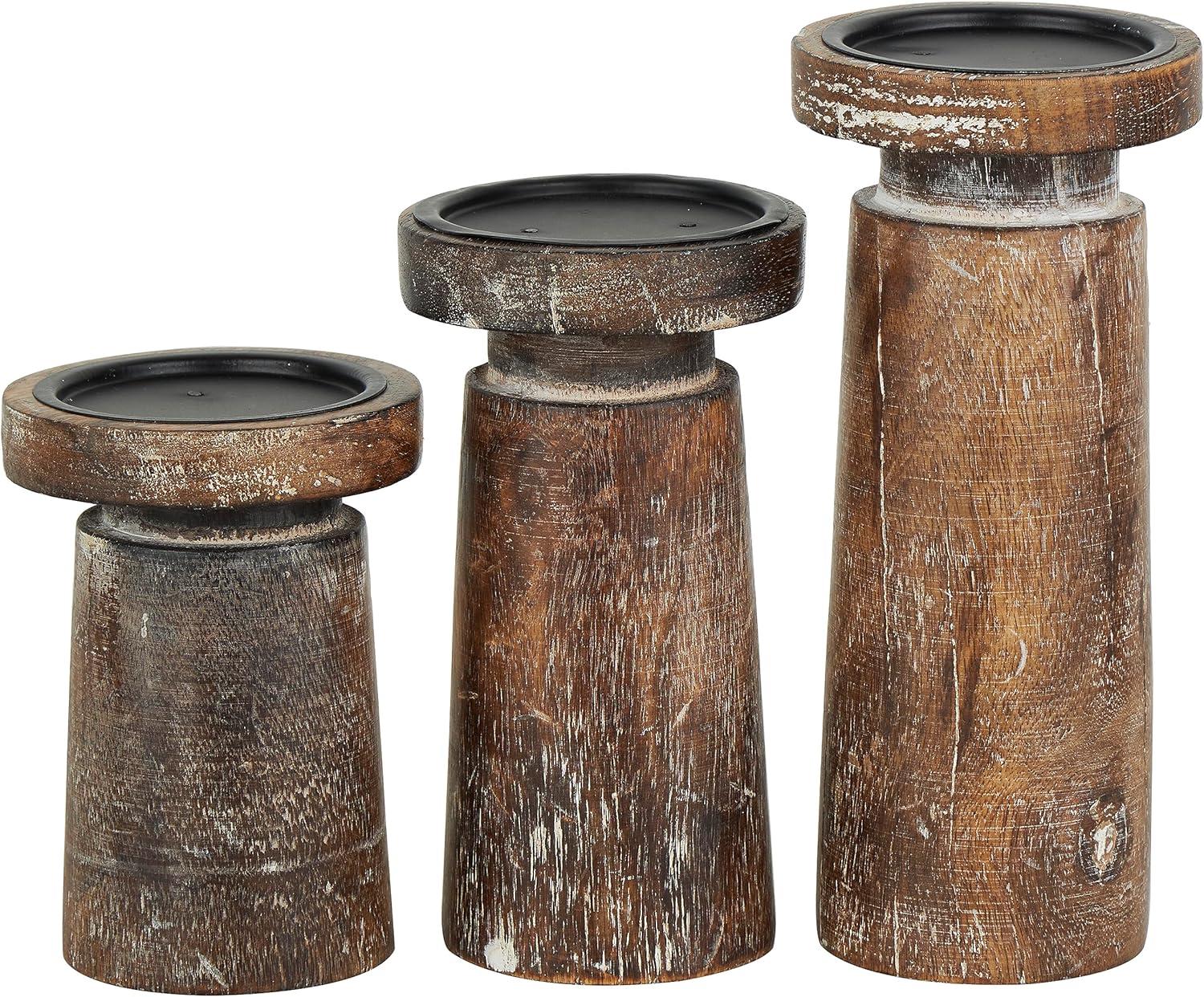 DecMode  Distressed Brown Coastal Mango Wood Candle Holder, Set of 3, 6", 8", 10"H