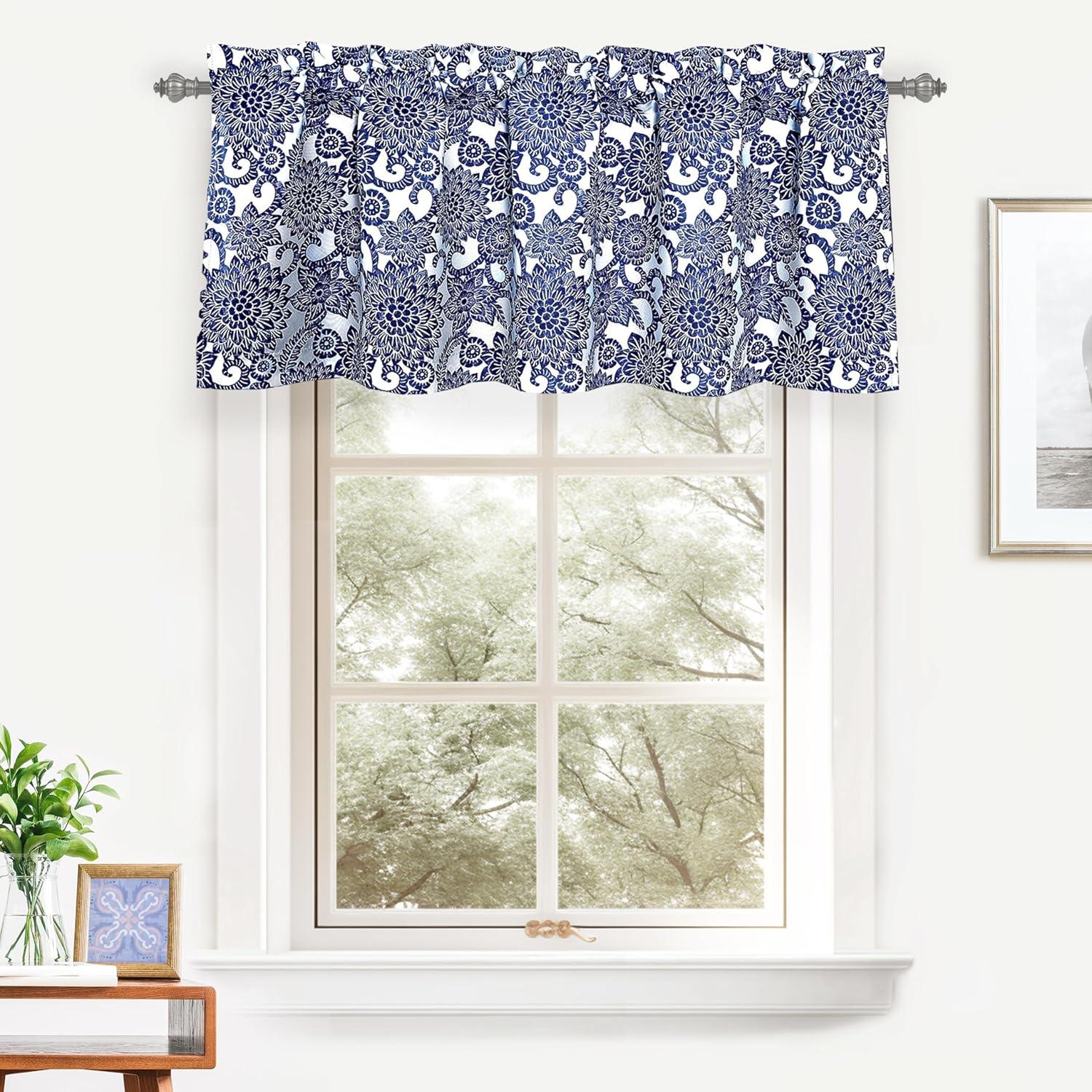 DriftAway Daisy Dahlia Blooming Flower/Floral Lined Thermal Insulated Energy Saving Window Curtain Valance for Living Room/Bedroom/Kitchen, 2 Layers, Rod Pocket, 52"x18"+2’’Header (Navy)