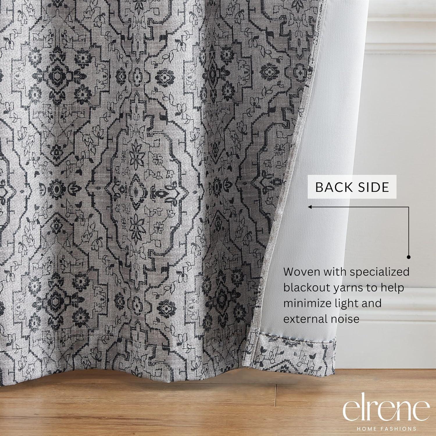 Berber Ikat Print Blackout Window Curtain Panel, Set of 2 - 37" x 84" - Charcoal - Elrene Home Fashions