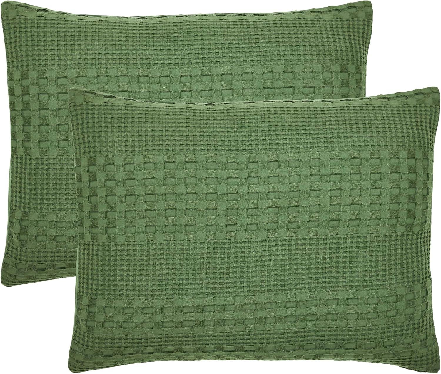 VHC Brands 100% Cotton Waffle Weave Olive Green Standard Sham Set of 2 20x26, Decorative Throw Pillow Covers/Shams, Boho Farmhouse Bedroom Decor
