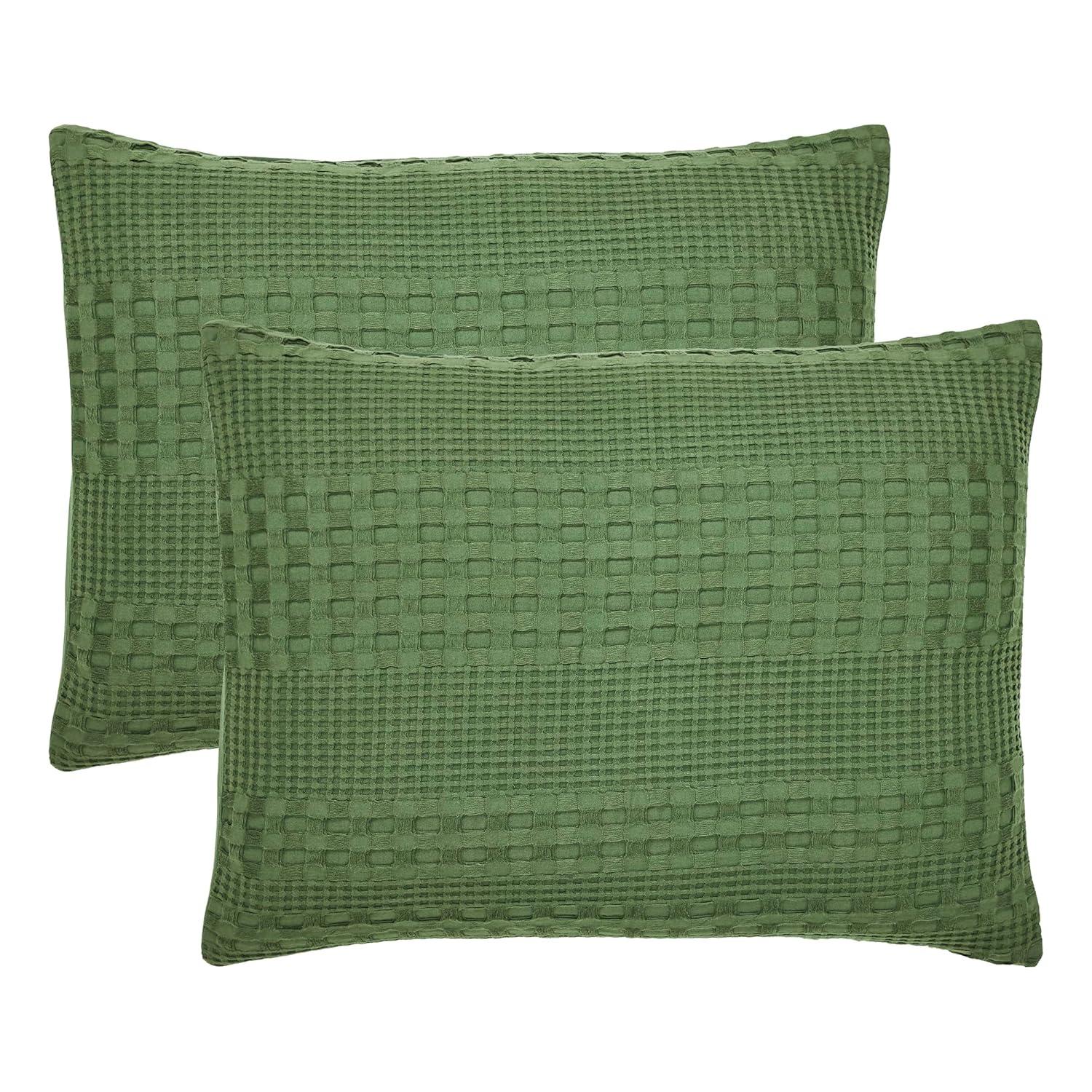 VHC Brands Waffle Weave Olive Green Standard Sham Set of 2 20x26, Decorative Throw Pillow Covers / Shams, Boho Farmhouse Bedroom Decor