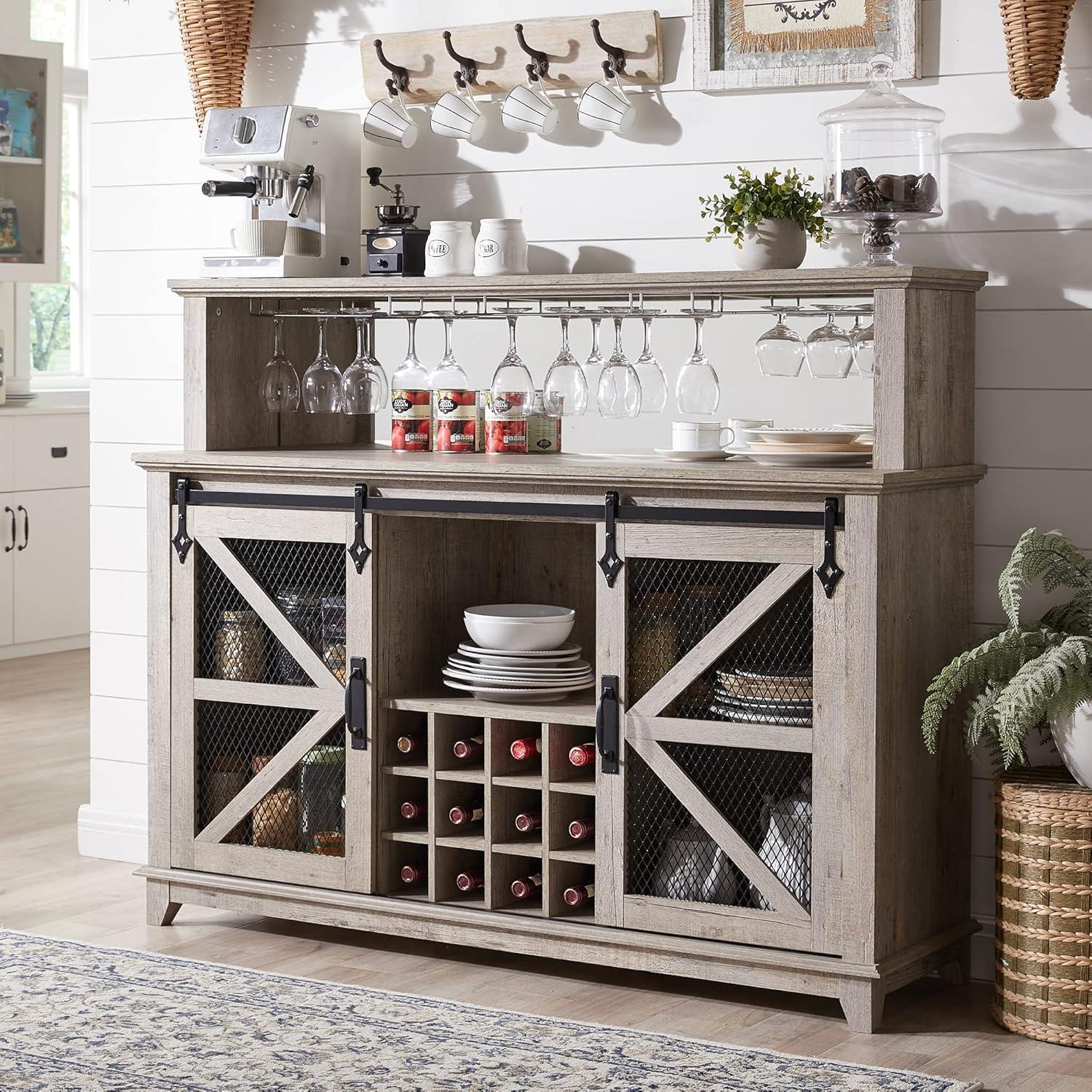 Light Rustic Oak 55" Farmhouse Coffee Bar Cabinet with LED Lights