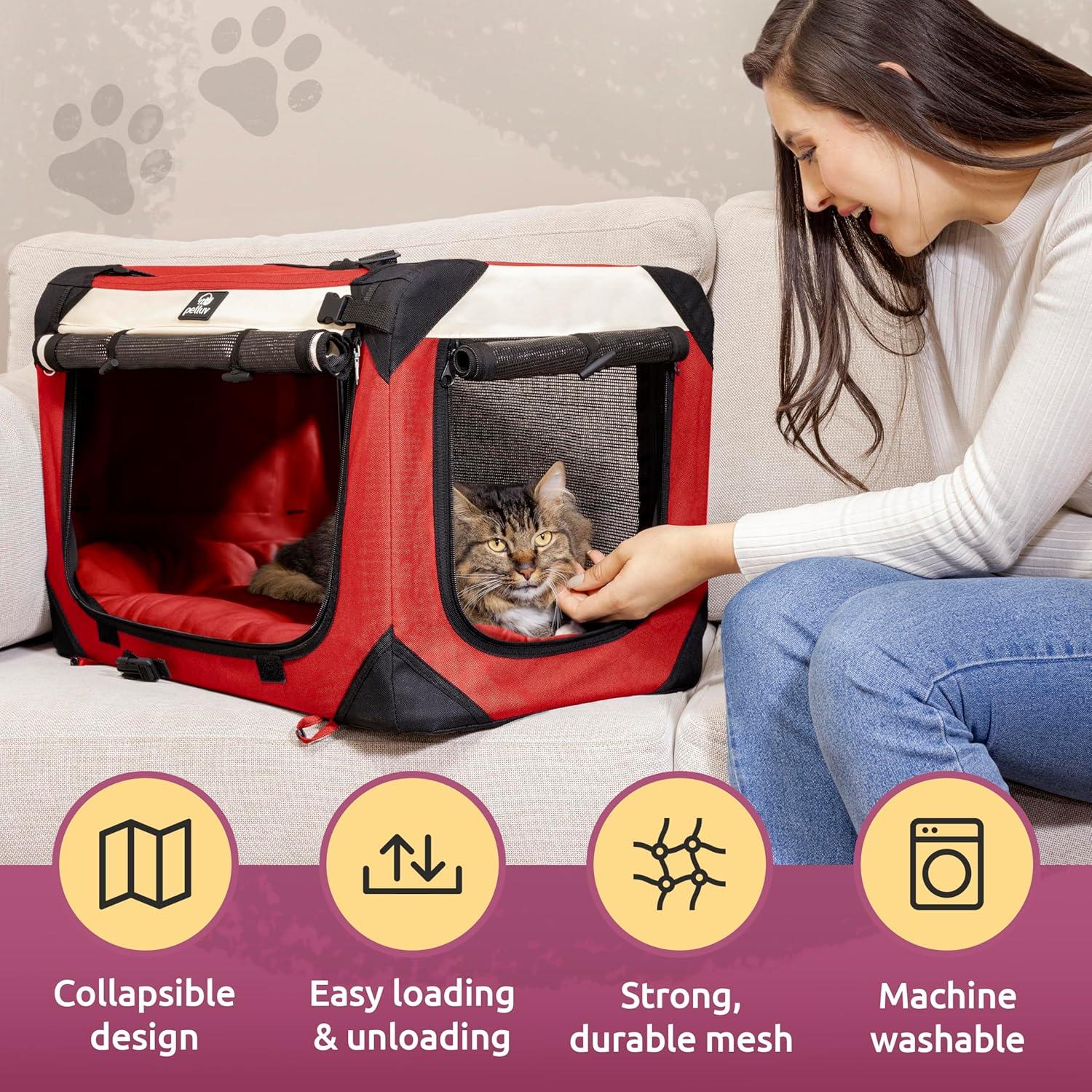 PetLuv Cat & Dog Carrier Foldable Pet Travel Crate, Removable Plush Pillow, Privacy Windows, Locking Zippers, Pocket, Seatbelt Straps, Medium Red