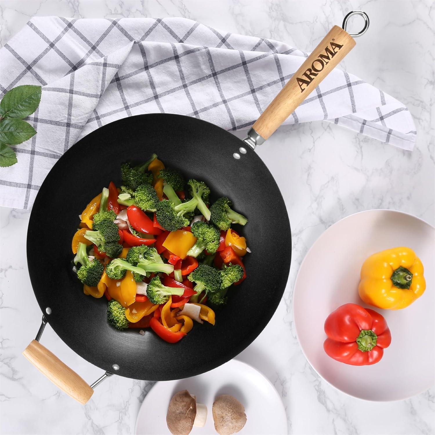 Aroma Housewares 14" Heavy Duty Carbon Steel Cookware (ANW-102) Non-Stick Wok, black