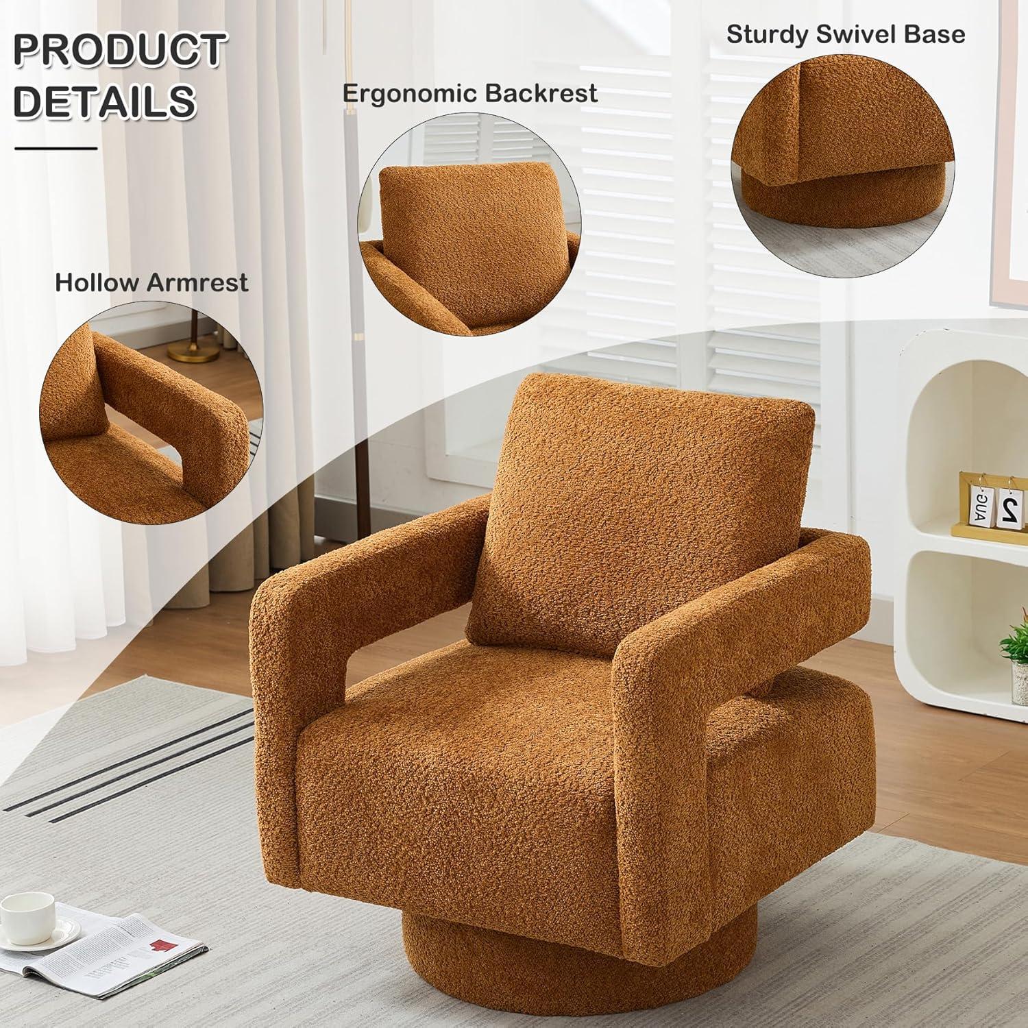 Caramel Boucle Upholstered Swivel Barrel Accent Chair