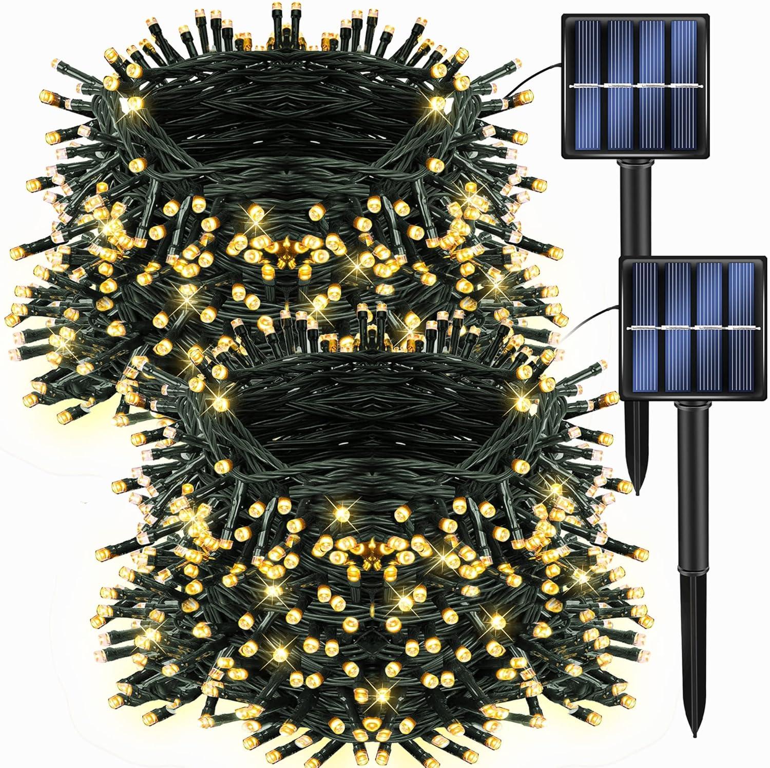 2 Pack Total 400LED 132FT Warm White Christmas Solar String Outdoor Lights, Solar Powered with 8 Modes Waterproof Fairy Lights for Bedroom Patio Garden Tree Party Yard Decoration