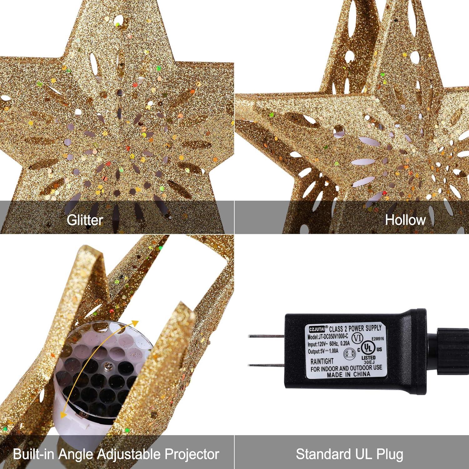 HESHENG Christmas Star Tree Topper with Built-in Led Snowflake Projector Lights Hollowed Pentagram Tree Topper, Plug in Christmas Tree Ornament for Xmas New Year Holiday Decoration