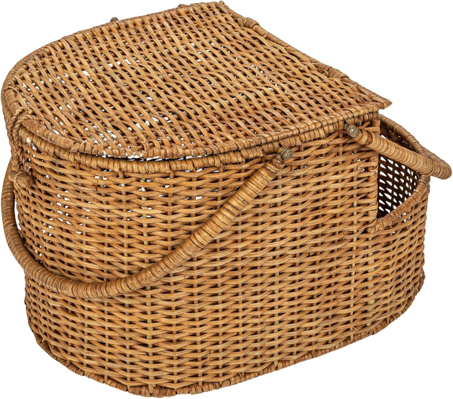 Creative Co-Op Oval Rattan Wicker Picnic Basket with Open Side Compartment, Natural