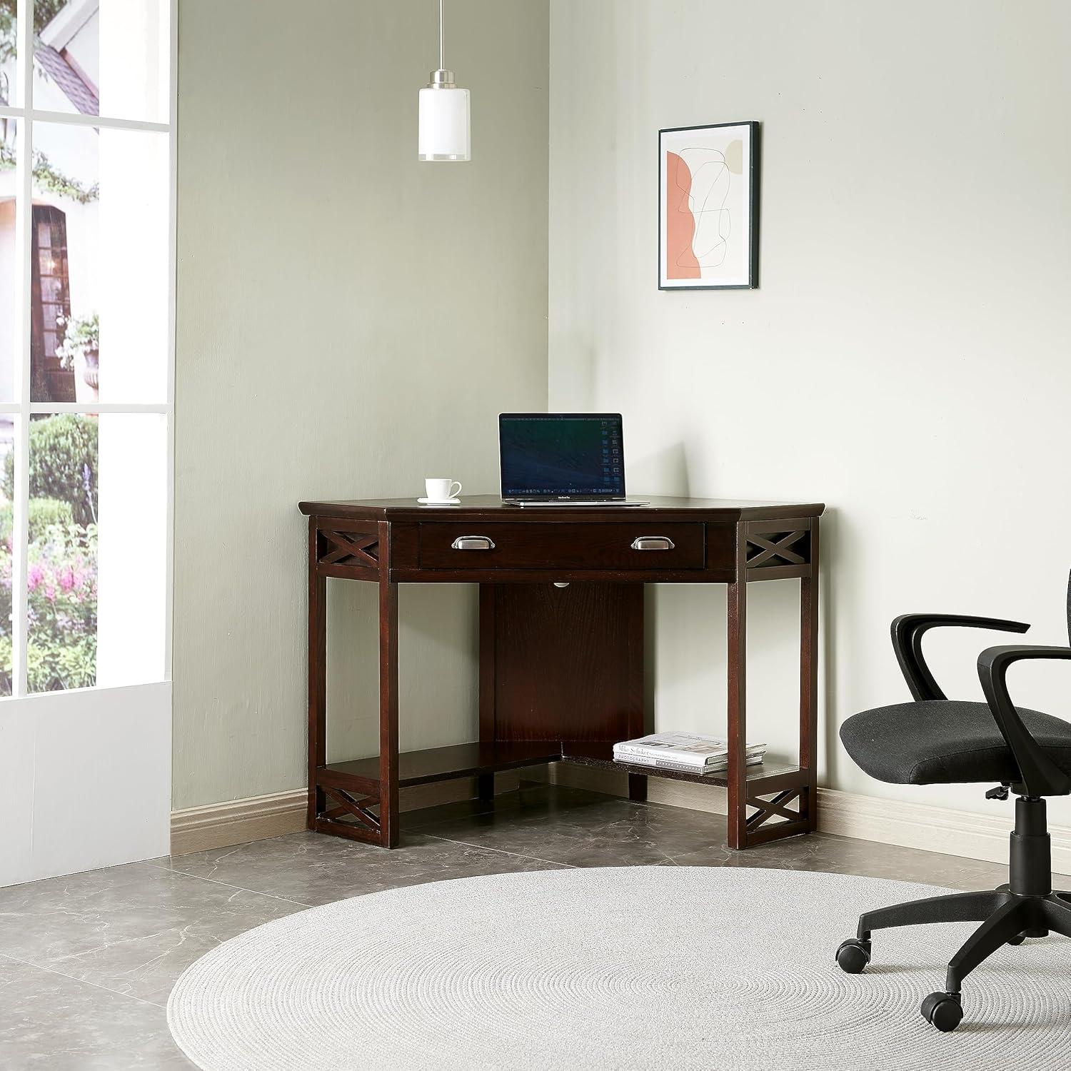 Leick Home 81430 Corner Computer/Writing Desk with Drawer and Shelf, Made with Solid Wood, Chocolate Oak