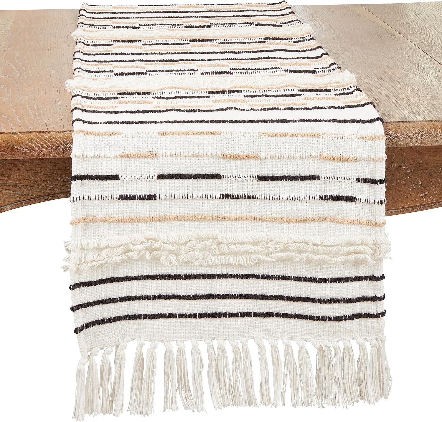 Ivory and Black Cotton Textured Corded Table Runner with Fringe