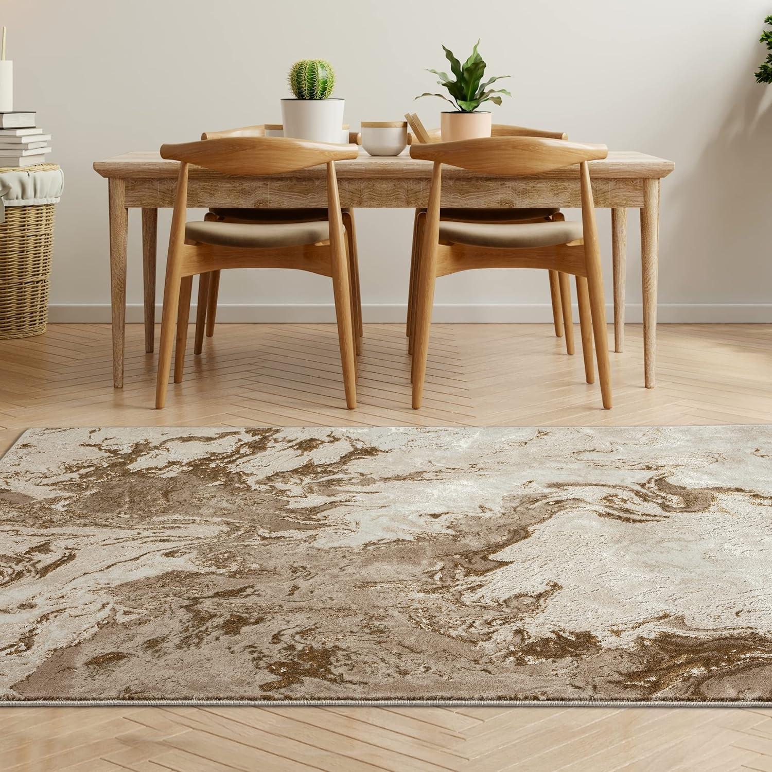 Beige Abstract Swirl 6' x 9' Synthetic Easy-Care Area Rug