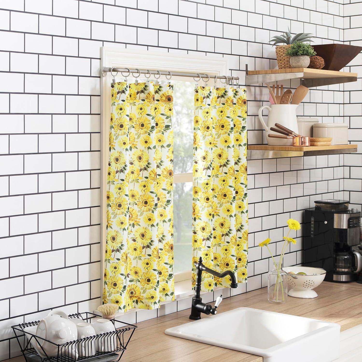 24"x54" Sunflower Print Semi Sheer Rod Pocket Kitchen Curtain Valance and Tiers Set Yellow - No. 918: Floral Botanical Design