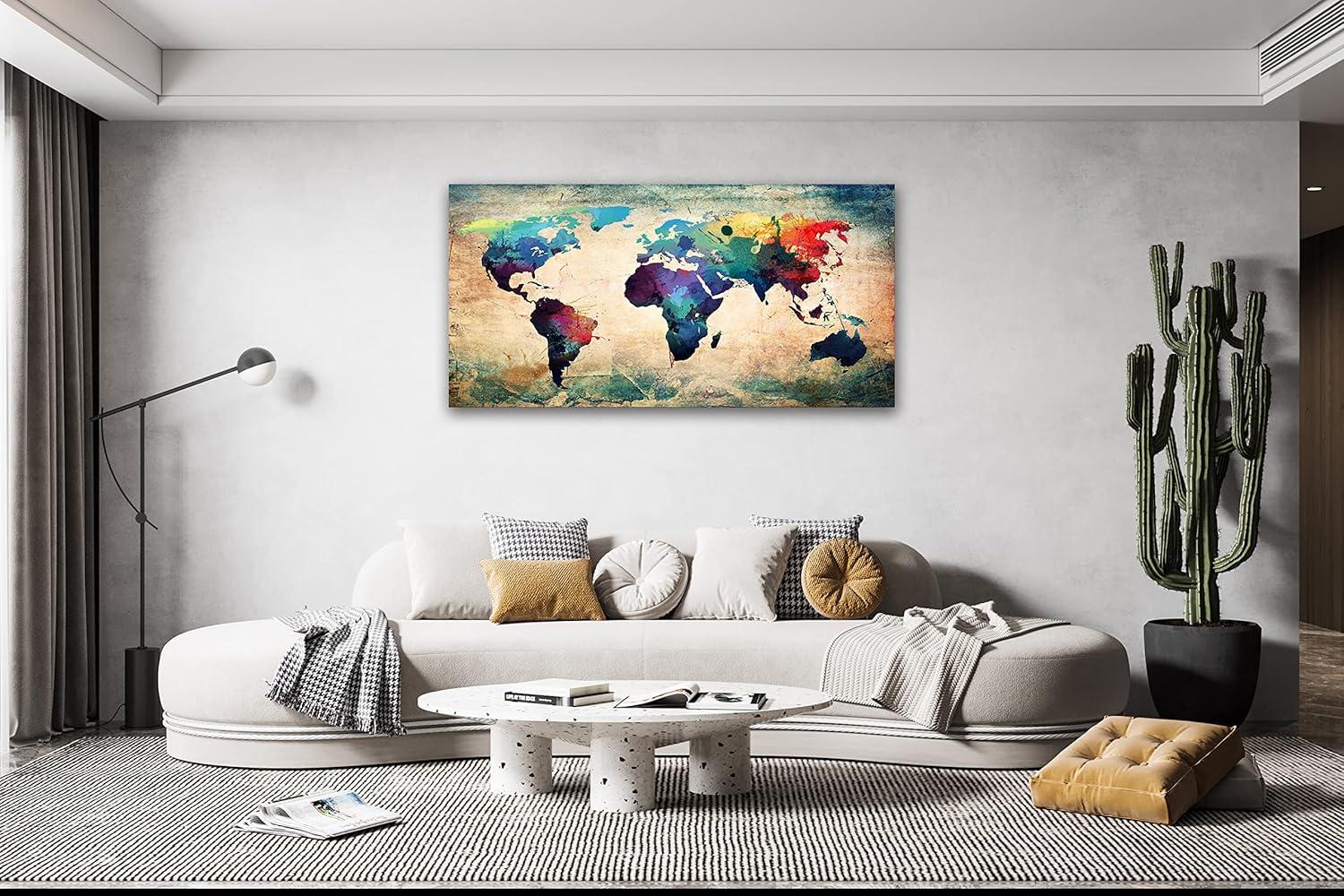 Baisuwallart-A62050 Abstract World Map Canvas Painting Vintage Posters Prints Colorful Wall Art Wall Pictures Framed Ready to Hang for Living Room Bedroom Office Home Decor