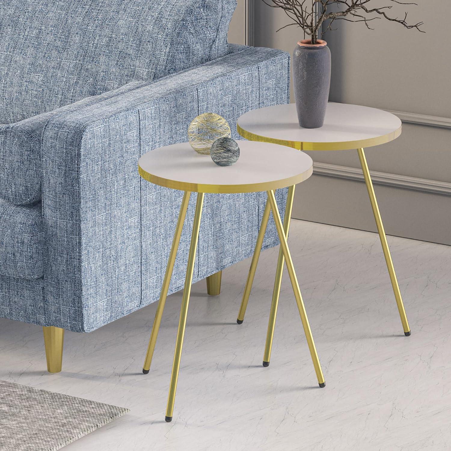 White and Gold Round Wood Metal End Table Set