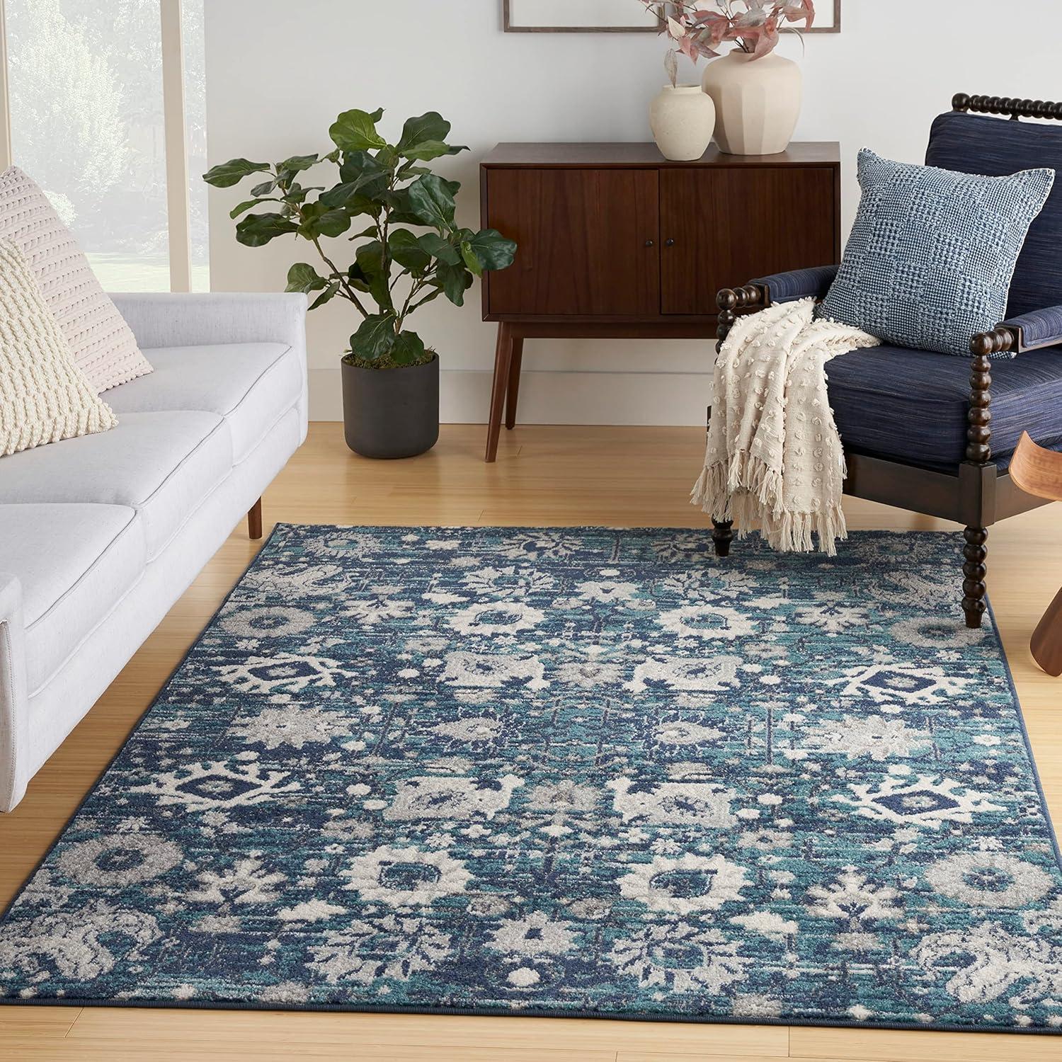 Boho Chic Denim Blue Floral 8' x 10' Easy-Care Area Rug