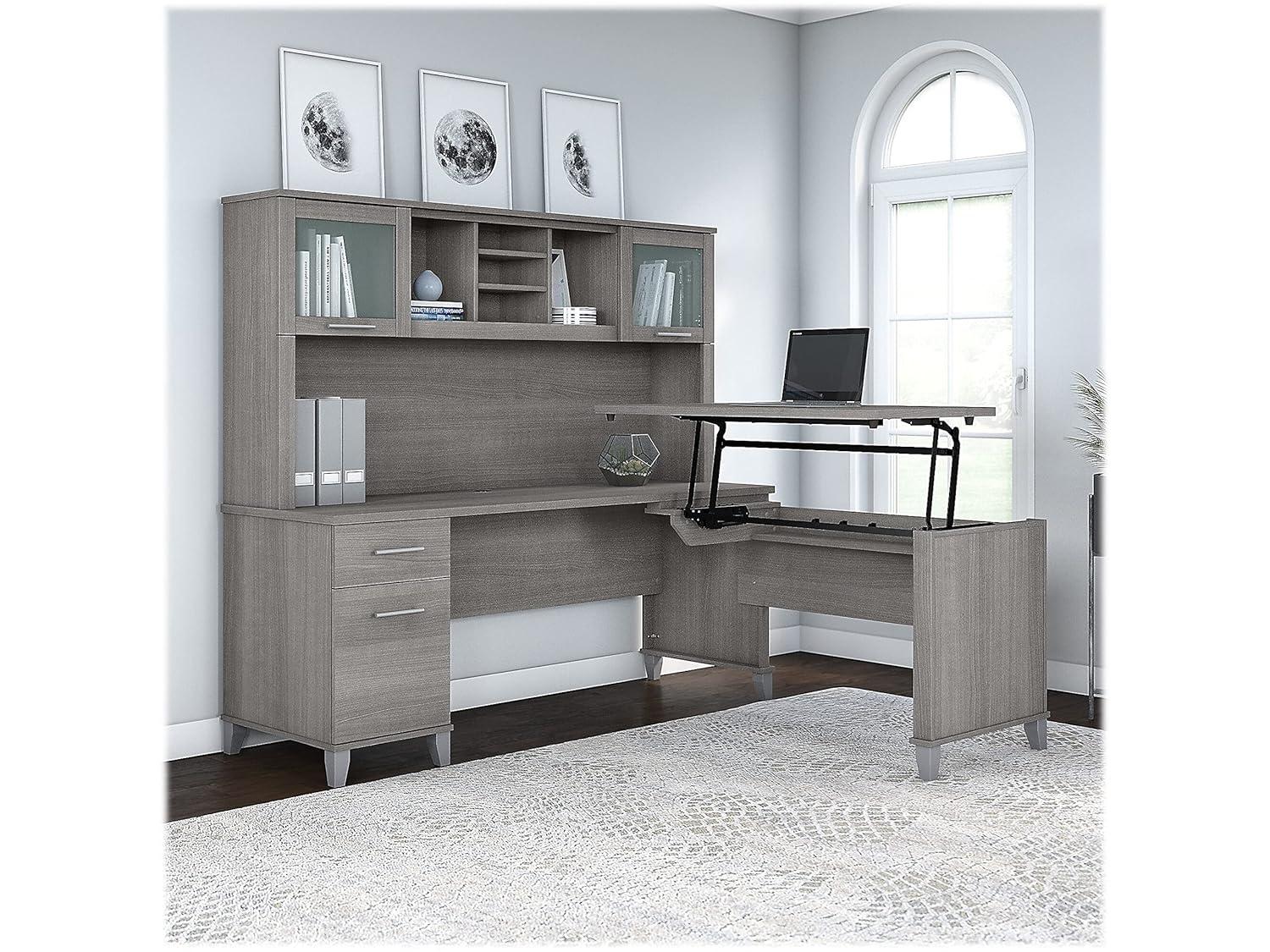 Somerset 72W Sit to Stand L Desk with Hutch in Platinum Gray - Engineered Wood