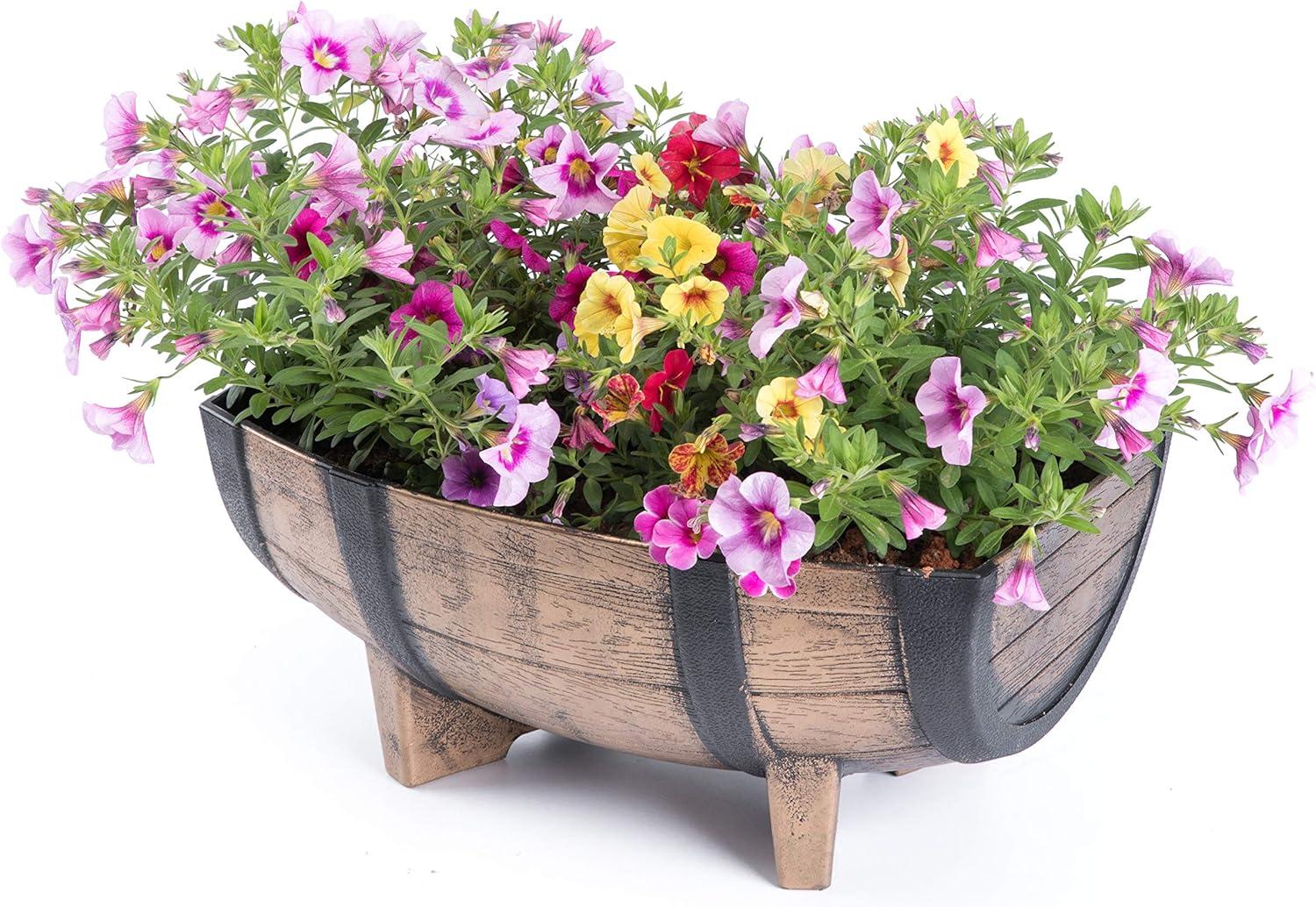 Gardenised Rustic Wood- Look Plastic Half Barrel Flower Pot Garden Planter, Pack of 2