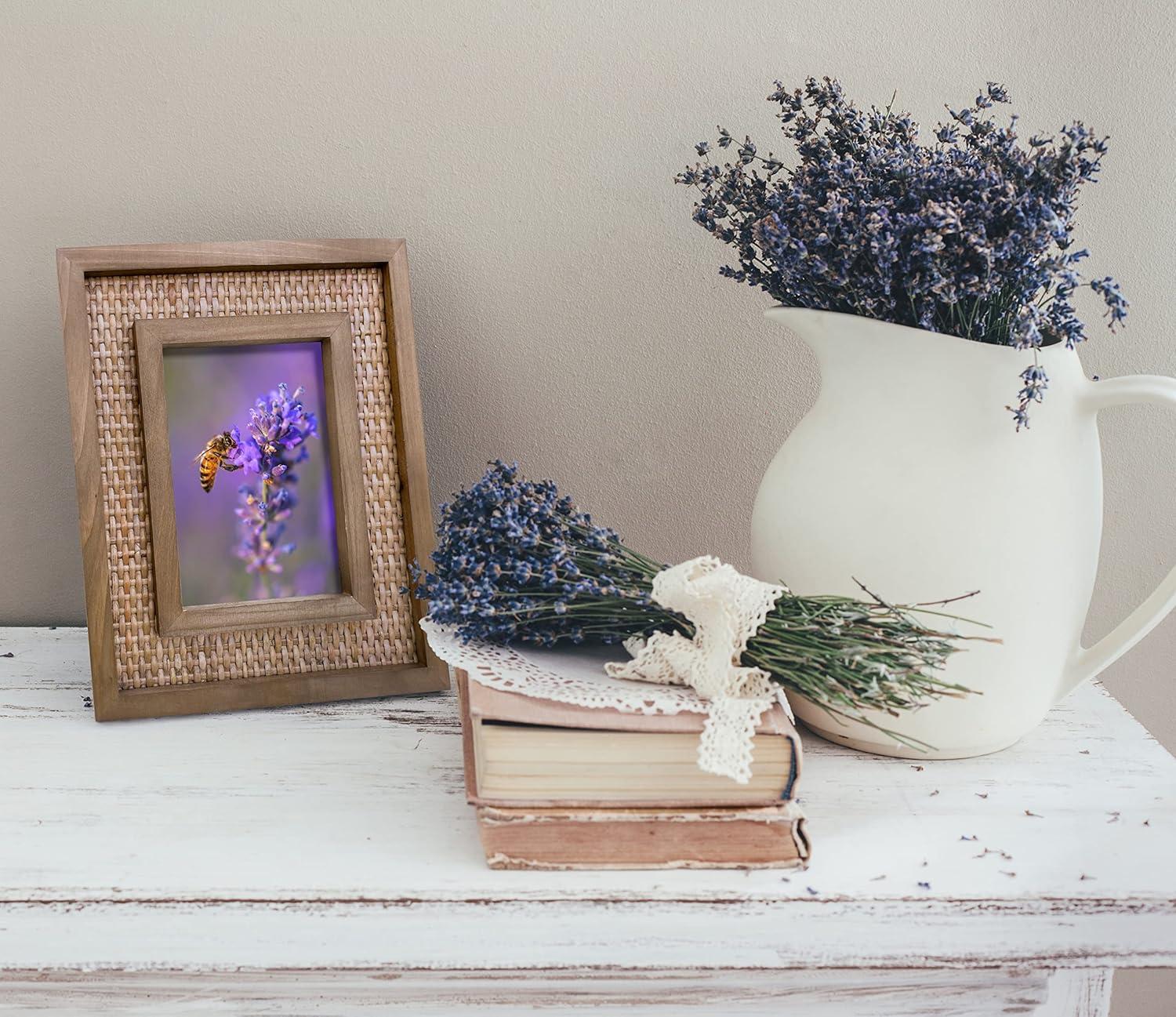 Rattan and Wood Picture Frame for 5x7 Inch Photos | Coastal or Boho Picture Frame | Tabletop Stand and Wall Mount | Single Display or Gallery Wall