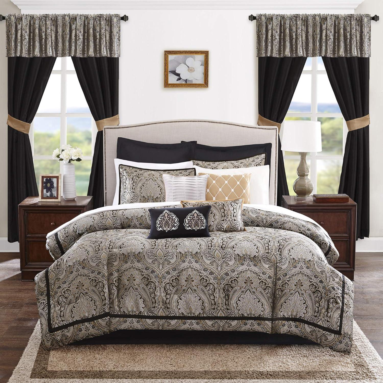 King Black Microfiber 24-Piece Damask Bedding Set