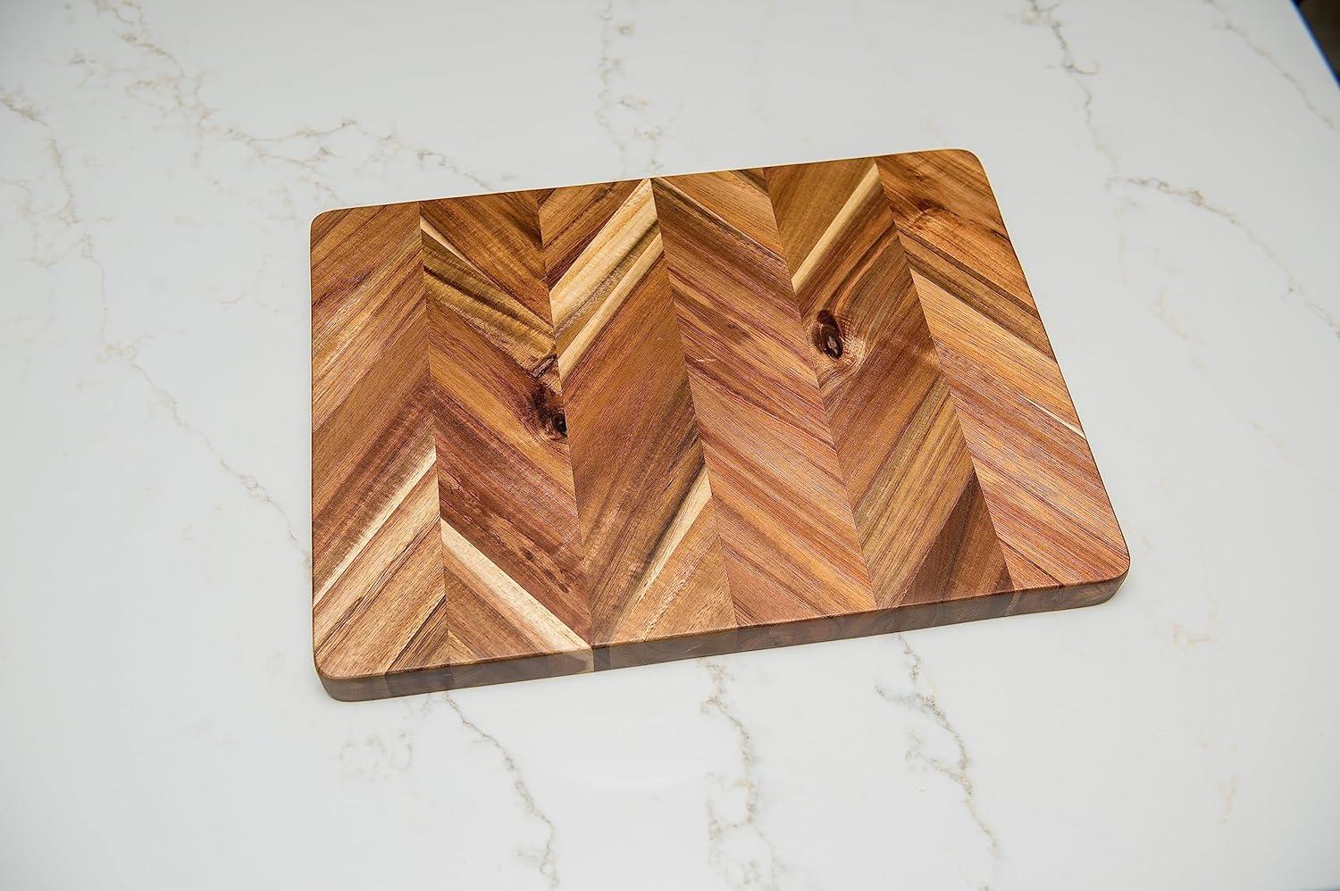 Acacia Herringbone Rectangular Cutting/Serve Board With Inset Handles And Well, Medium   ETA July