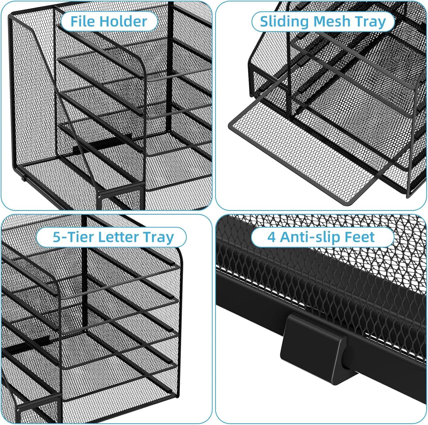 Marbrasse Desk Organizer with File Holder, 5-Tier Paper Letter Tray Organizer, Mesh Desk Organizers and Accessories with Magazine Holder, Desktop Organizer and Storage for Office Supplies