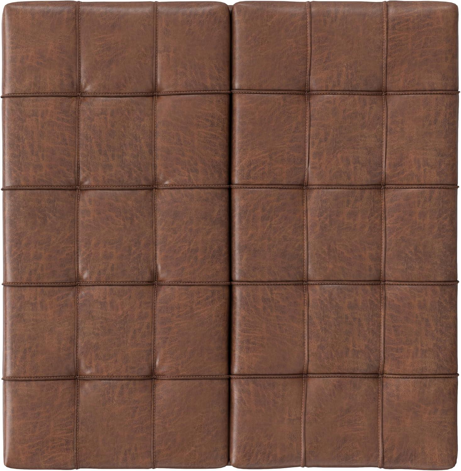 Simpli Home Laura 36 inch Wide Mid Century Square MidÂ CenturyÂ Lift TopÂ Storage Ottoman in Distressed Saddle Brown Vegan Faux Leather