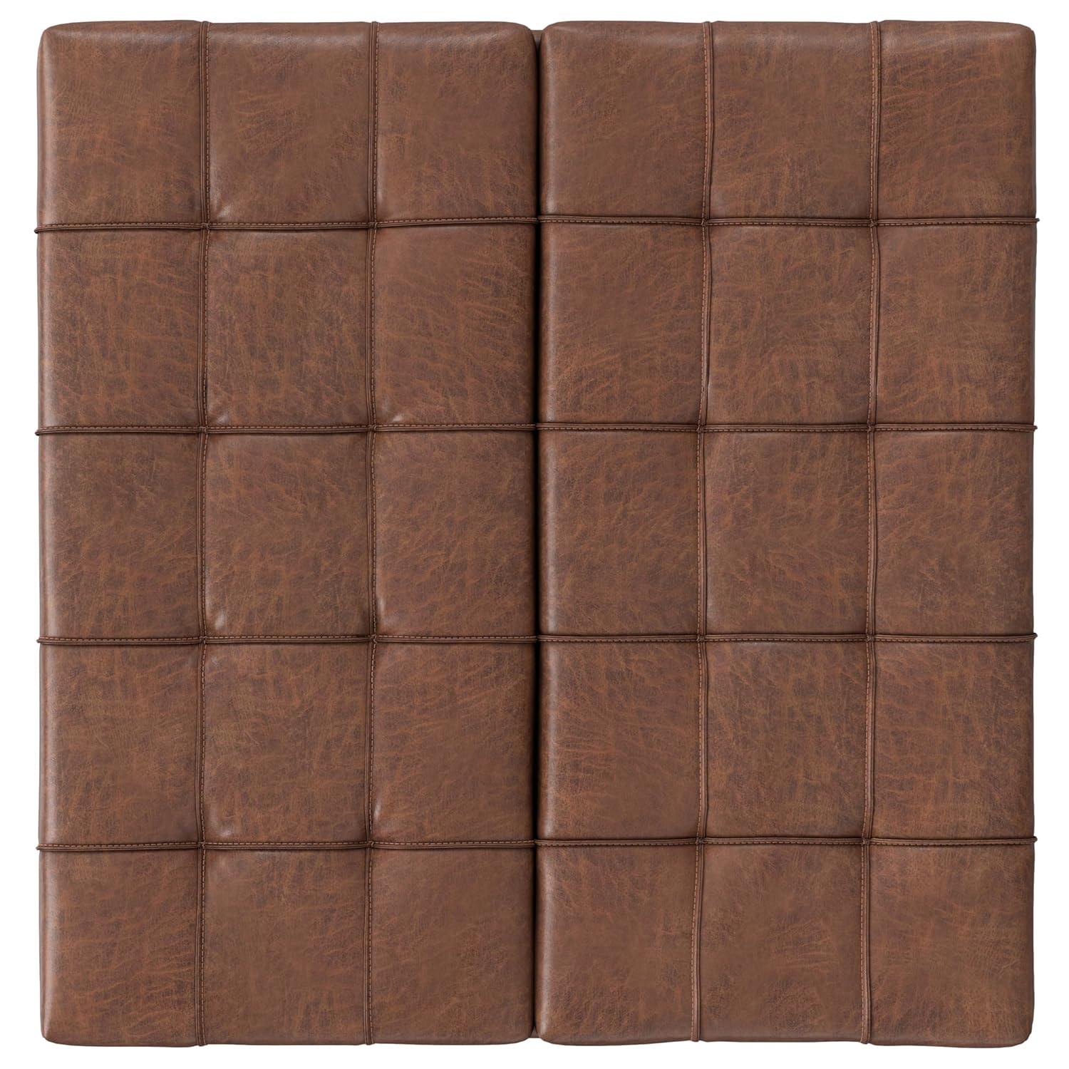 Simpli Home Laura 36 inch Wide Mid Century Square MidÂ CenturyÂ Lift TopÂ Storage Ottoman in Distressed Saddle Brown Vegan Faux Leather