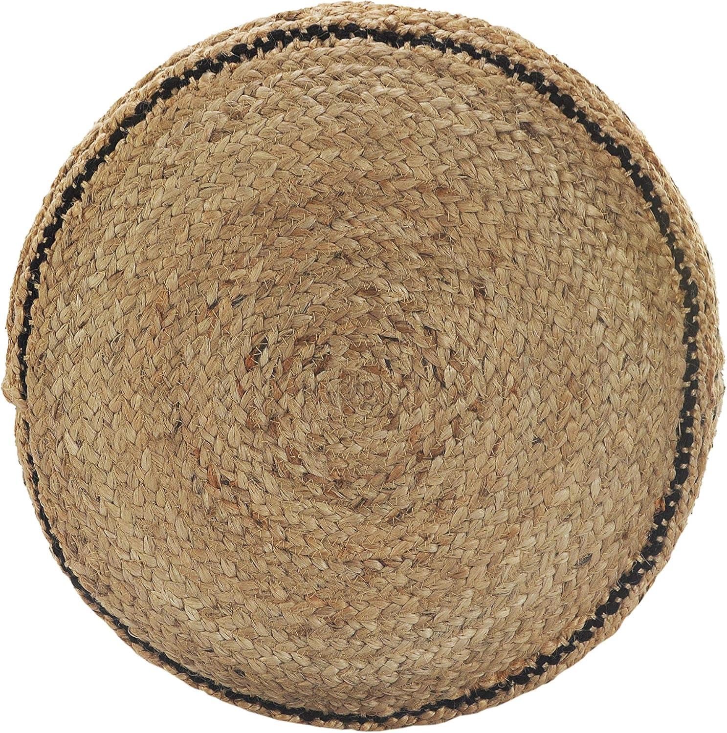 Tan and Black Hand-Woven Jute Cotton Round Pouf