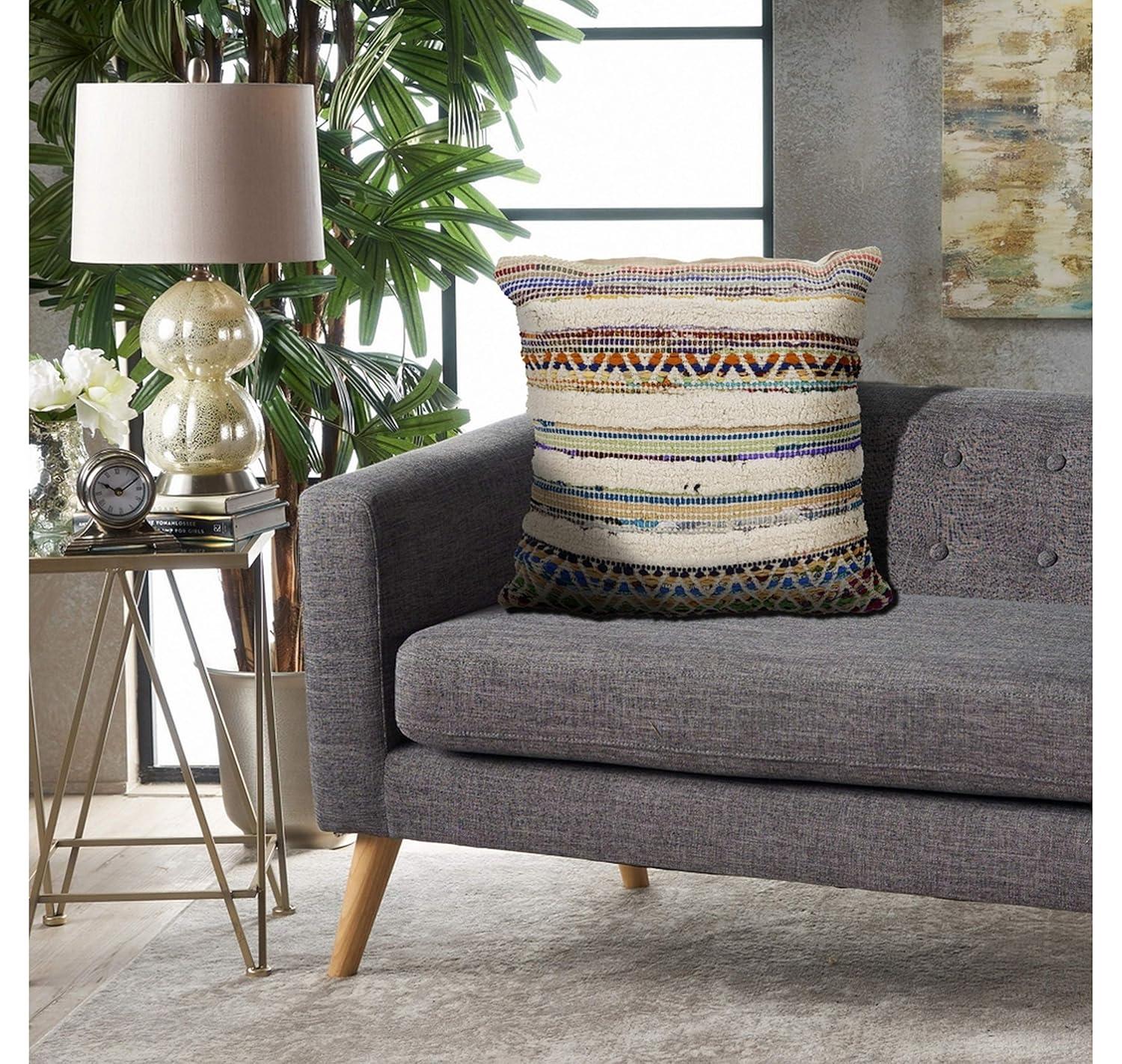 Evette Rios Dahlia Bohemian Multicolor Chevron Striped Chindi Handmade Pillow