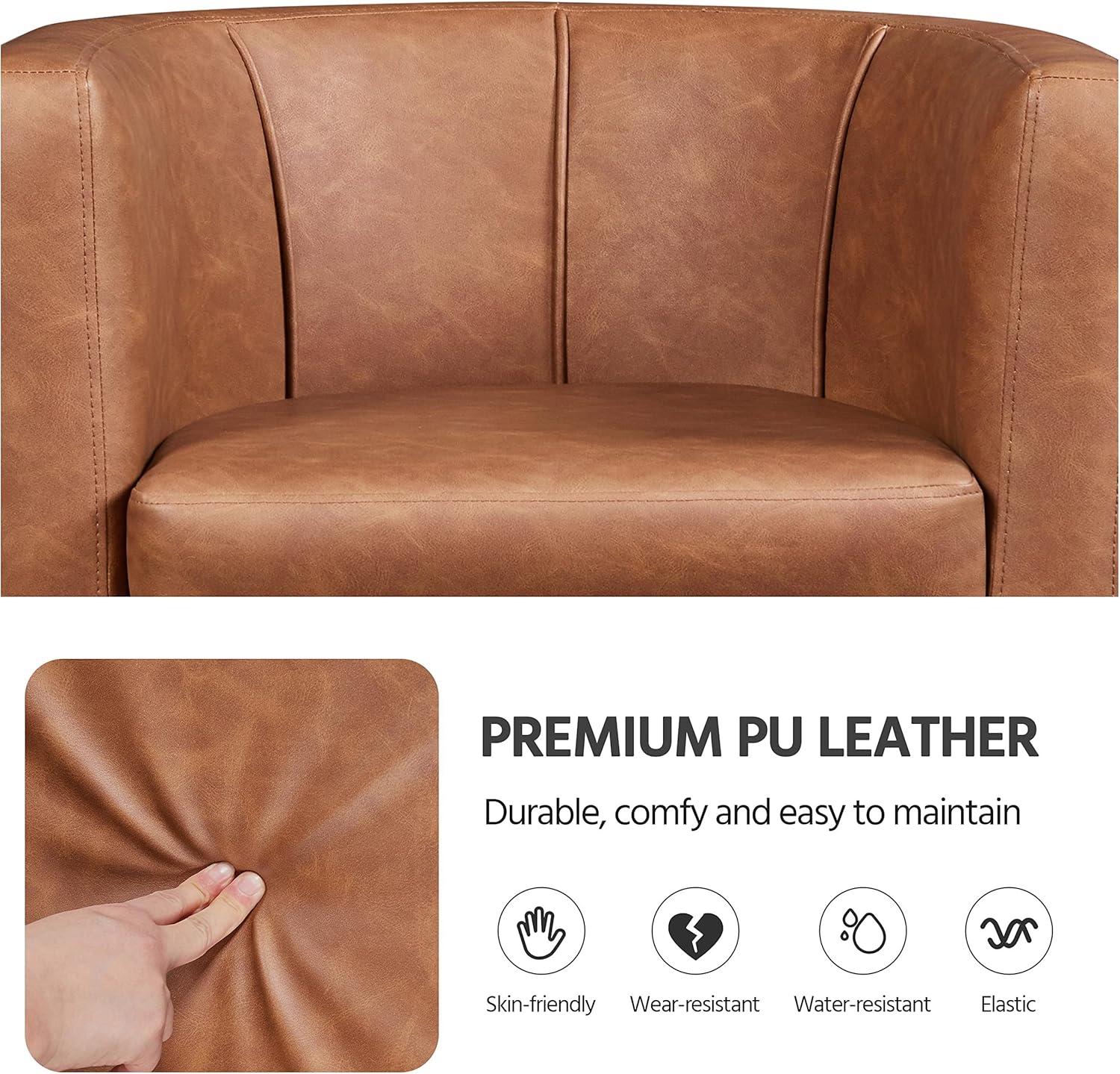 Topeakmart Faux Leather Upholstered Barrel Accent Arm Chair for Living Room, Brown