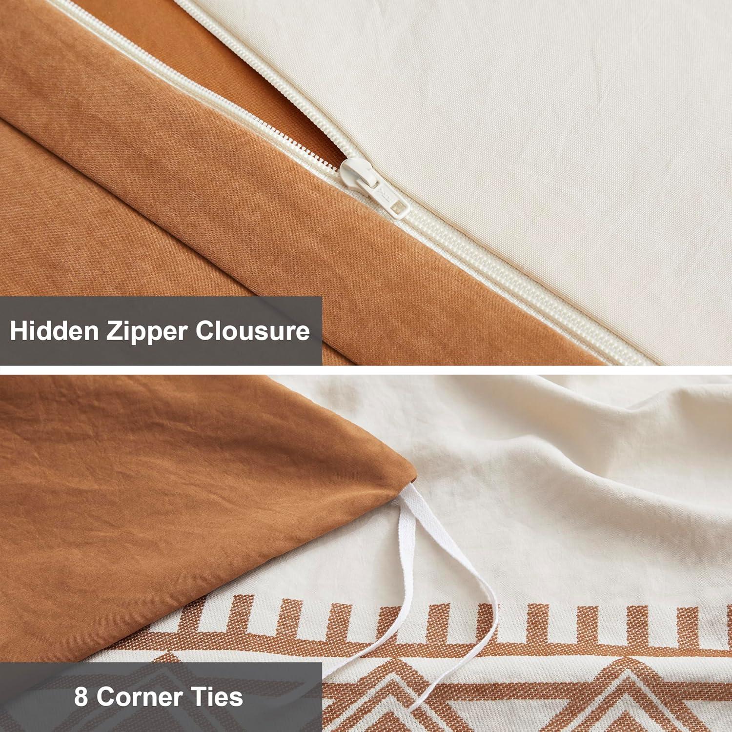 Oli Anderson Boho Duvet Cover Set Queen Size, Beige and Terracotta Color Clash 3 Pieces Microfiber Bedding Set, Durable and Super Soft Duvet Covers with Zipper and Ties, 90"*90"