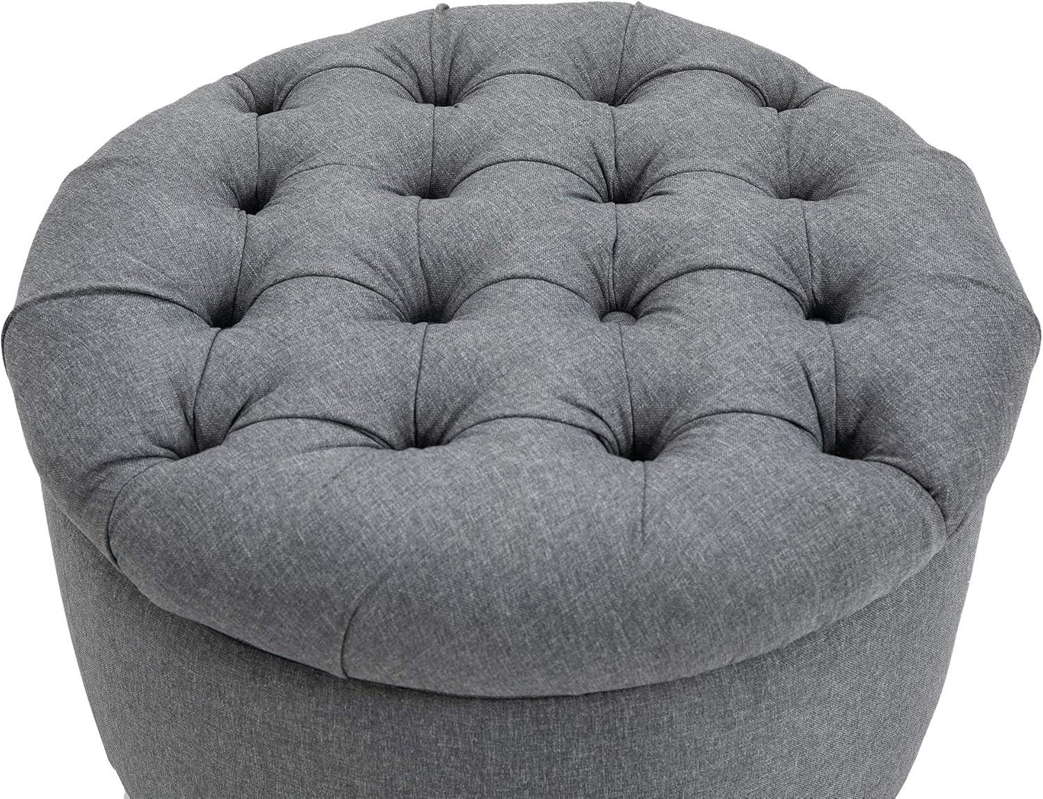 HOMCOM Round Linen-touch Fabric Storage Footstool Ottoman Button Tufted Footrest with Removable Lid, Grey