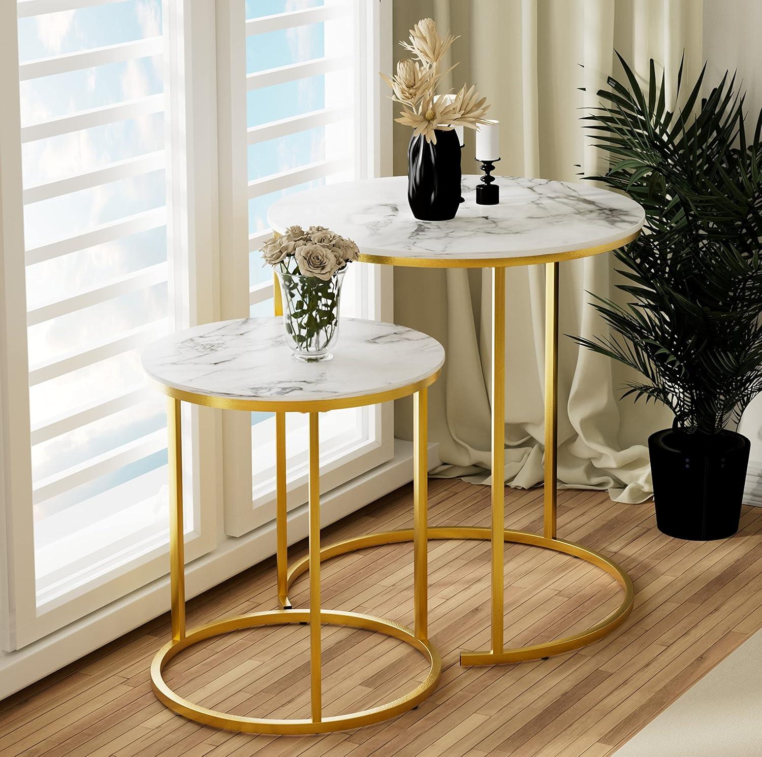 White and Gold Round Marble Nesting Coffee Tables