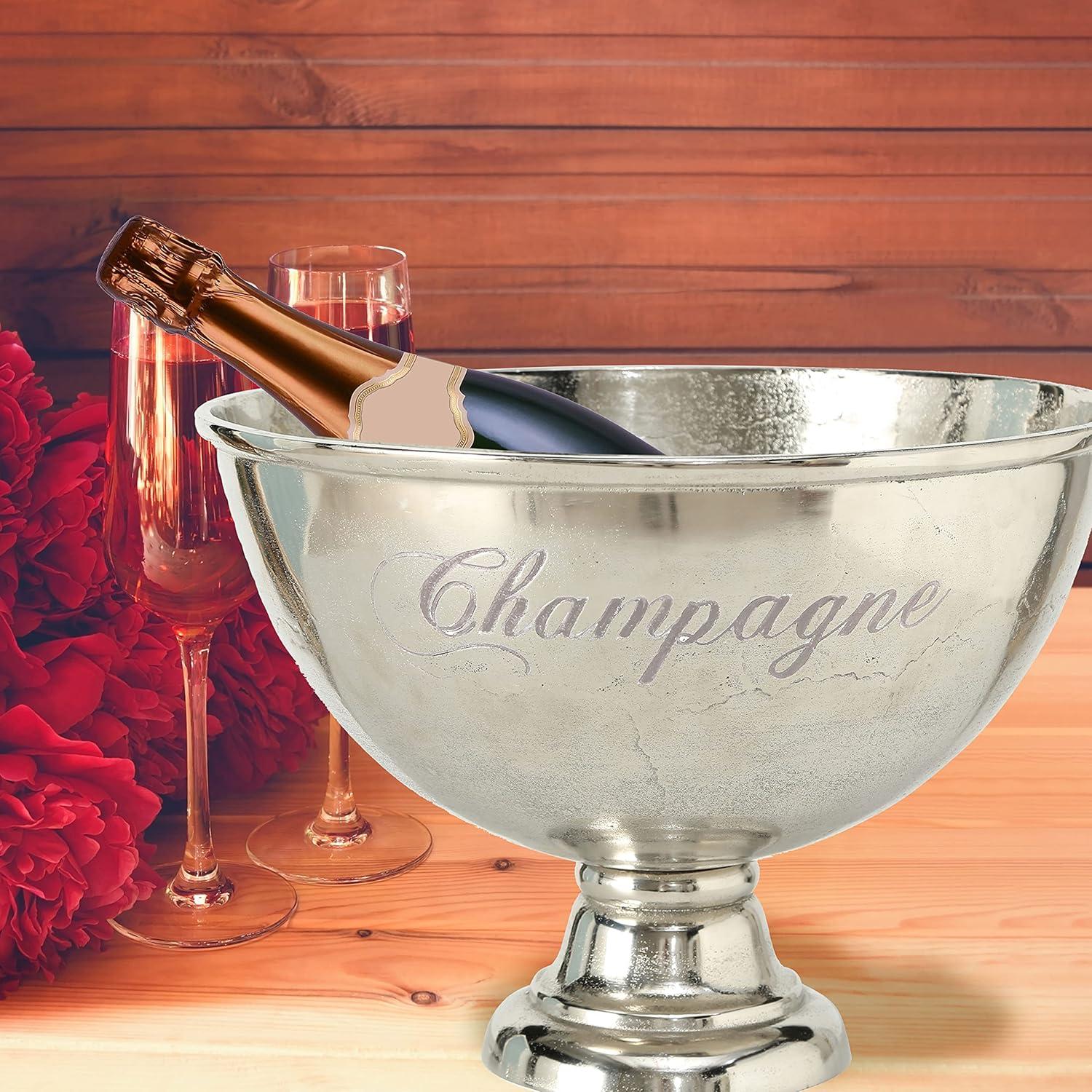 Luxury Champagne Ice Bucket, Elegant Script Text Details, Hand Cast, Silver Aluminum, 18.5 inches