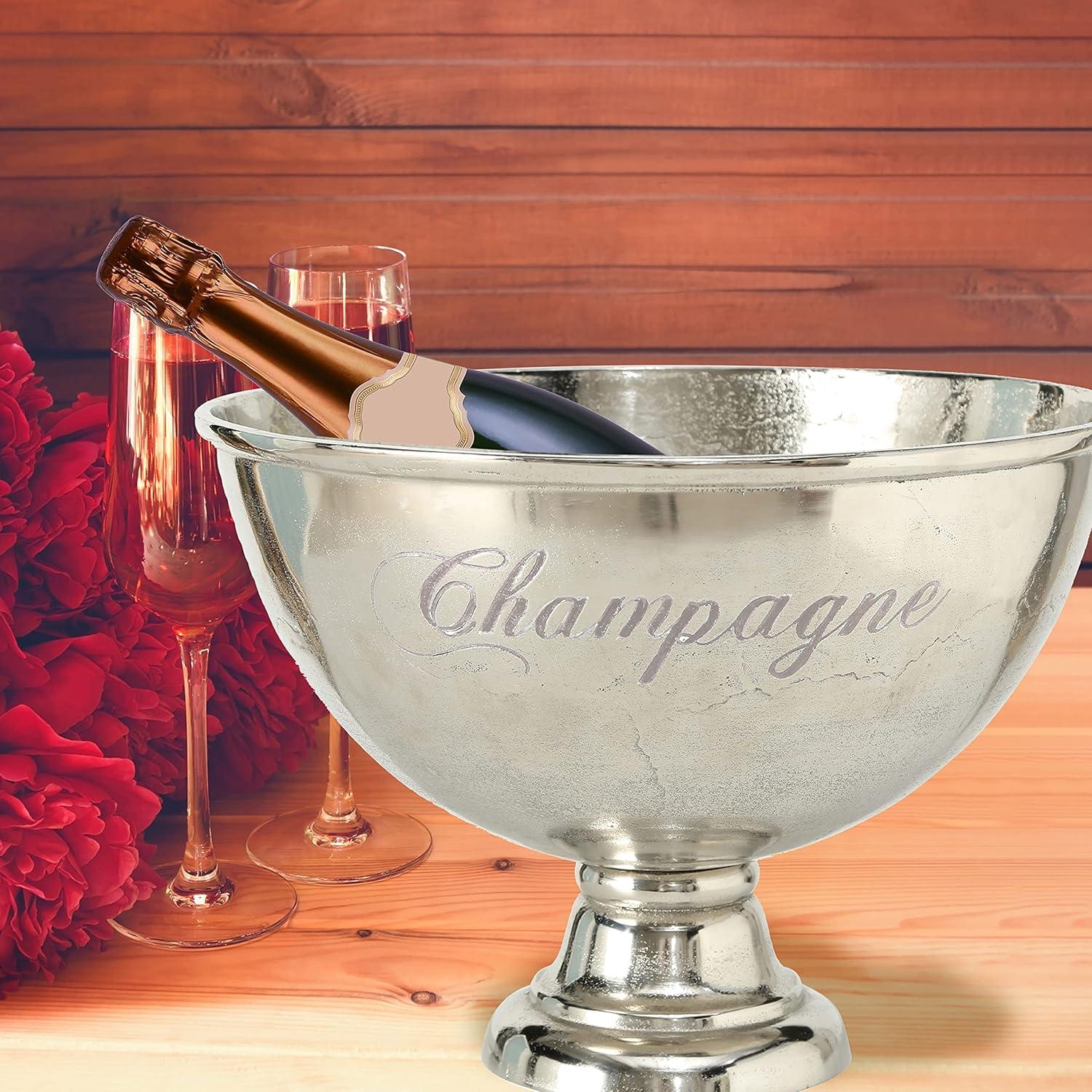 Luxury Champagne Ice Bucket, Elegant Script Text Details, Hand Cast, Silver Aluminum, 18.5 inches
