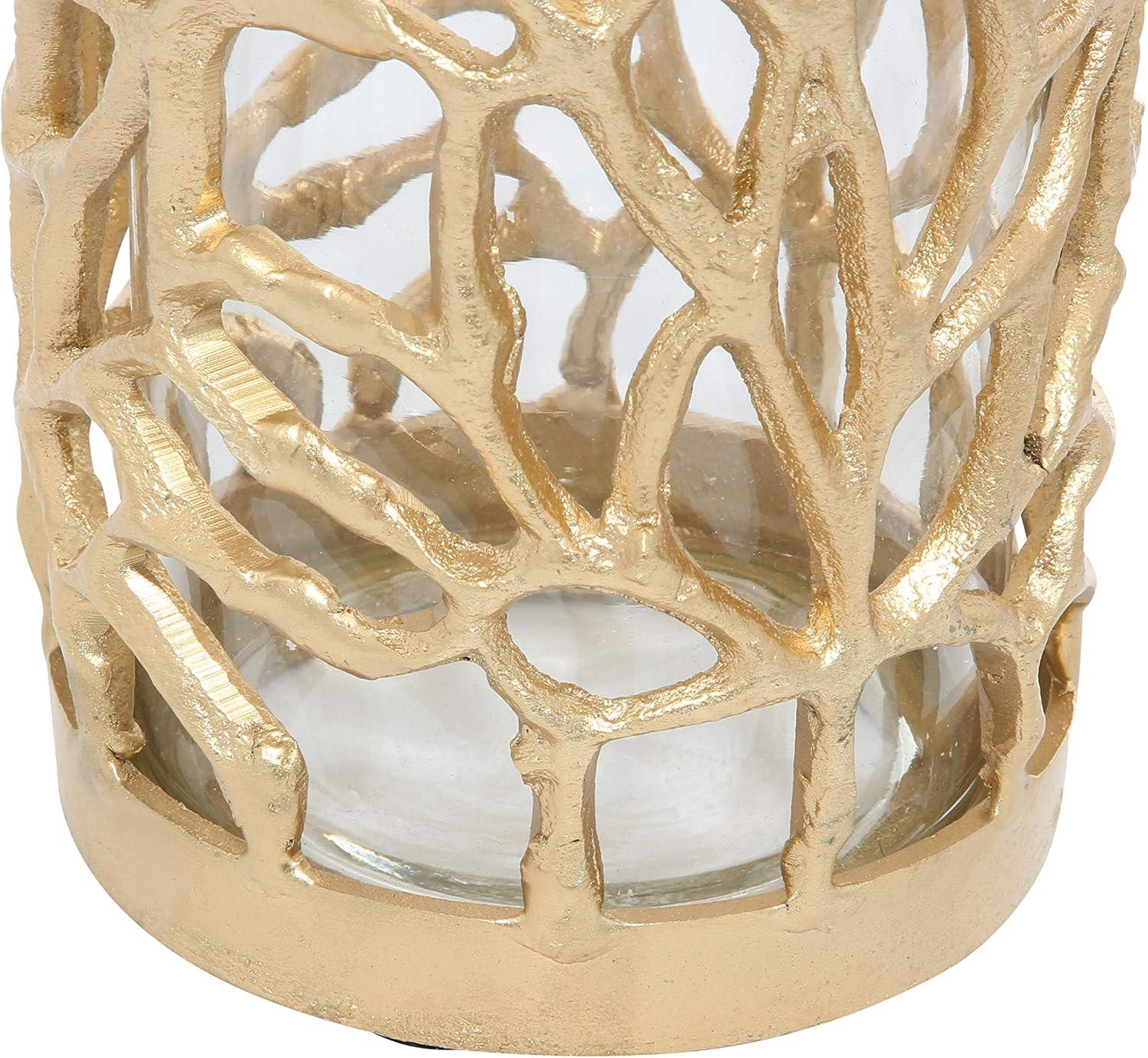 DecMode Gold Aluminum Metal Decorative Candle Lantern with Coral Pattern