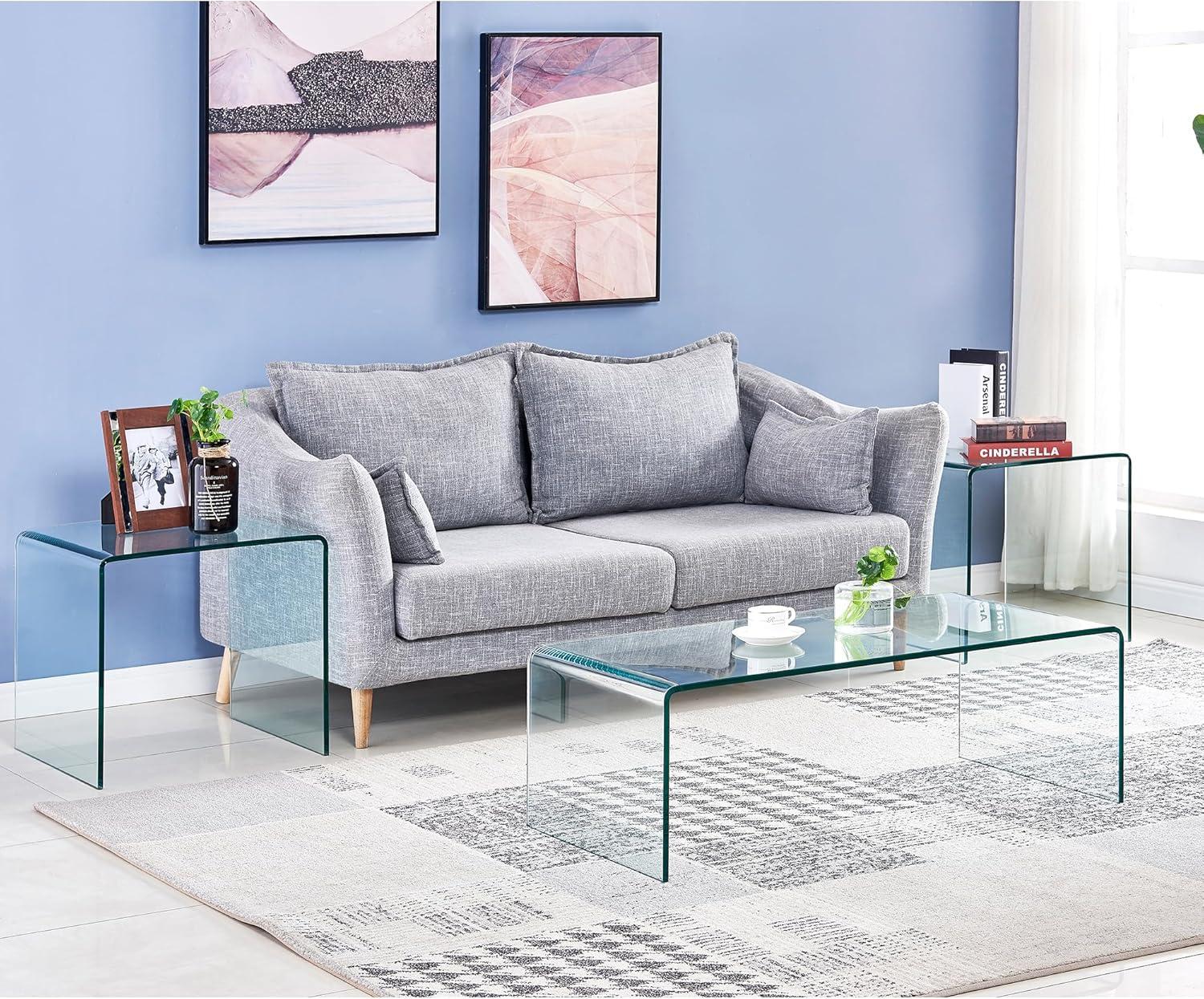 Glass Coffee Table, Modern Clear Tables for Living Room, Small Rectangle Tempered Glass Waterfall Sofa End Coffee Tables 39.4" x 19.7" x 13.78"H